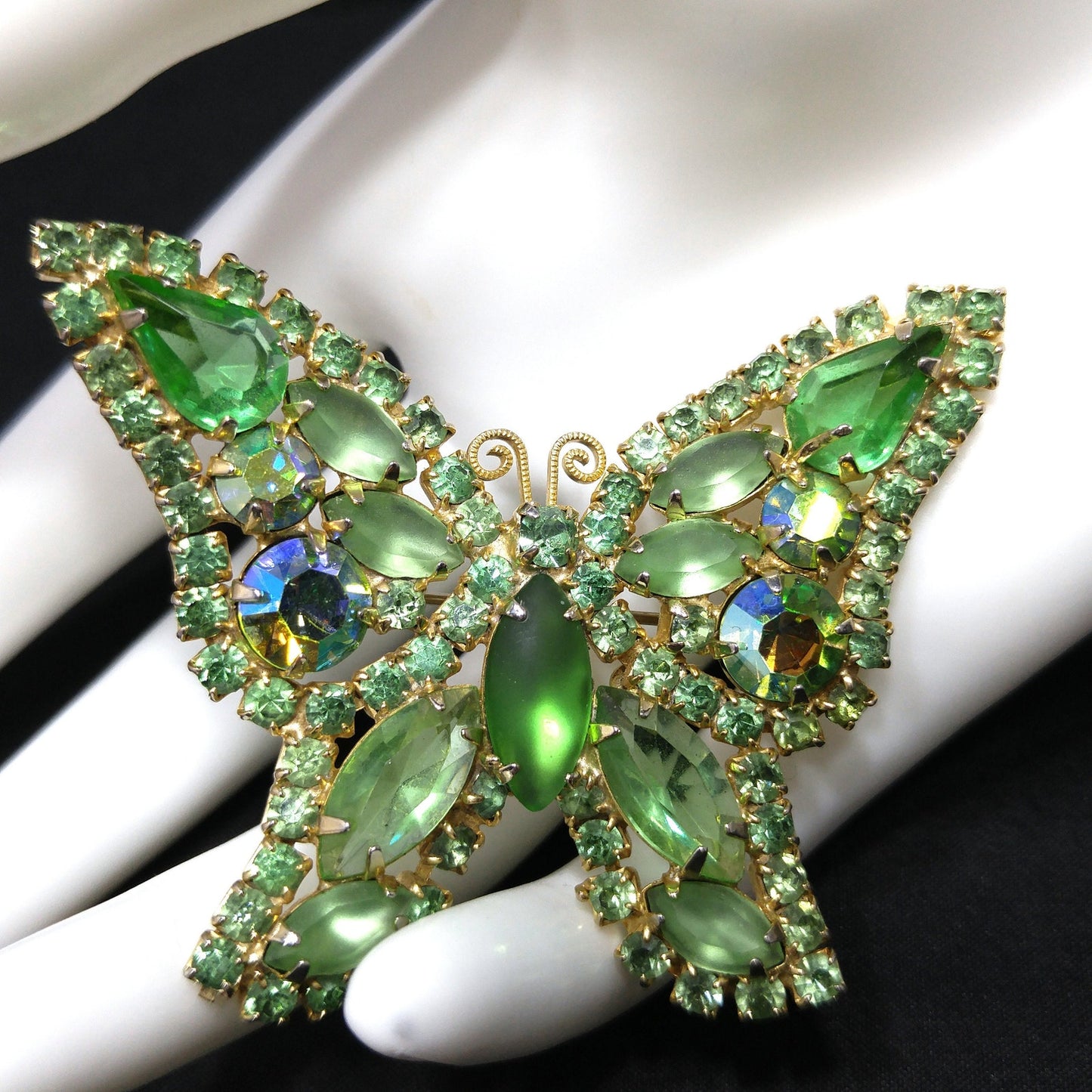 Vintage Weiss Peridot Green Rhinestone Butterfly Brooch, Uranium Glass, Gold Plated, 1950s
