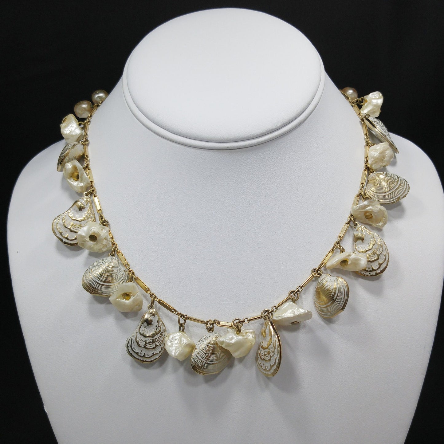 Sea Shell & Faux Pearl Charm Necklace, Gold Tone Chain, 1950s Vintage Jewelry