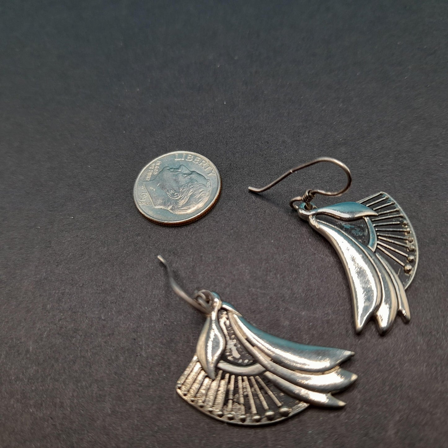 Vintage Laurel Burch Floral Drop Earrings, Rhodium Plated Flowers