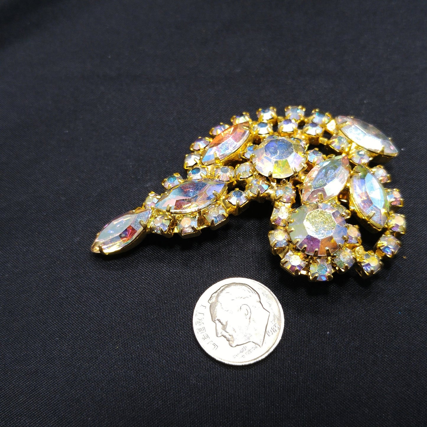 Aurora Borealis Rhinestone Brooch, Gold Plated, AB Clear Rhinestones, 1960s Vintage Jewelry
