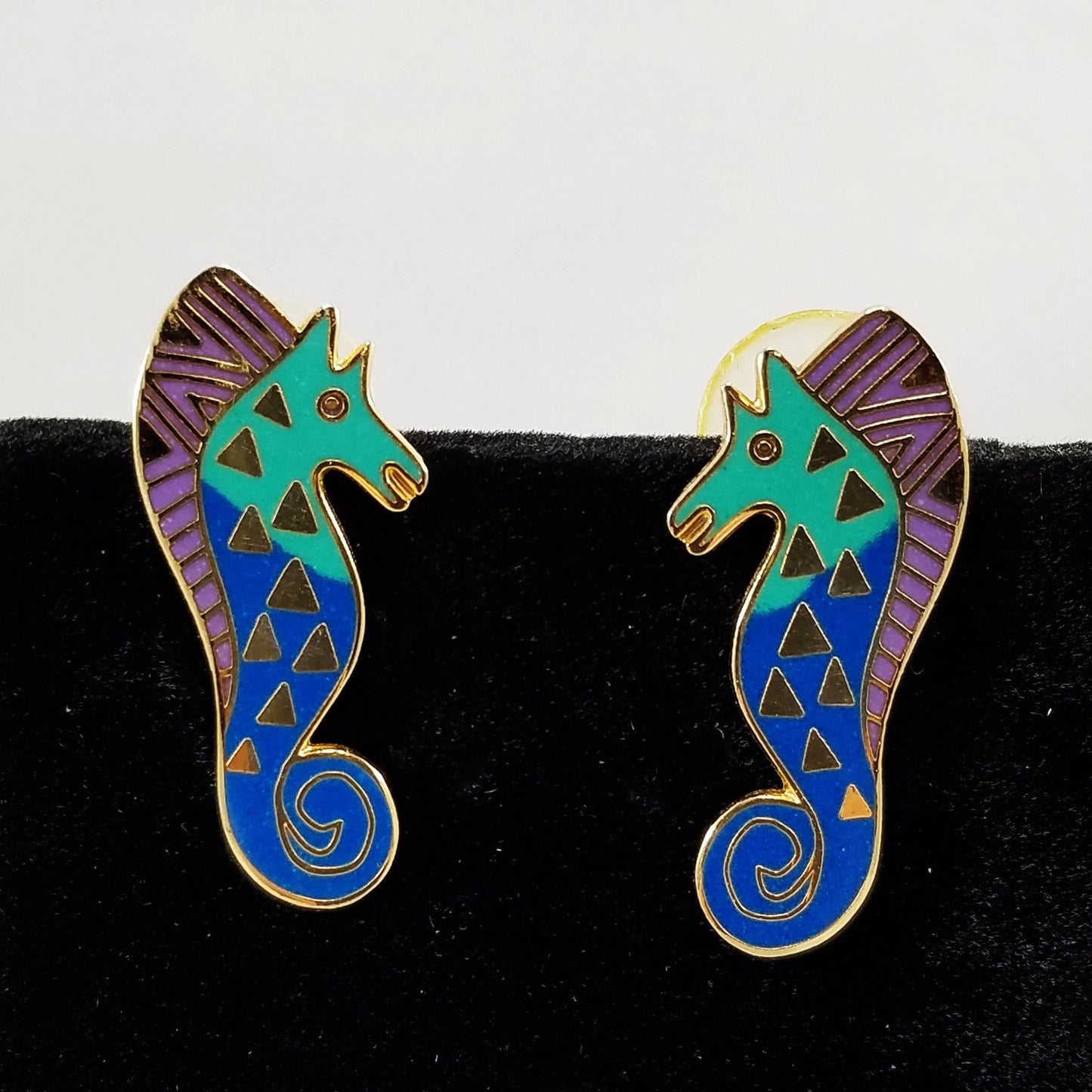 Vintage Laurel Burch "Sea Stallion" Post Earrings Teal Lavender & Gold SEA HORSE