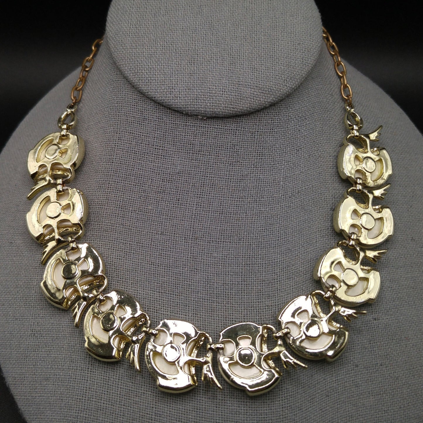 Creamy White Pearled Link Choker Necklace, Mid-Century, Gold Tone, 1950s Vintage Jewelry