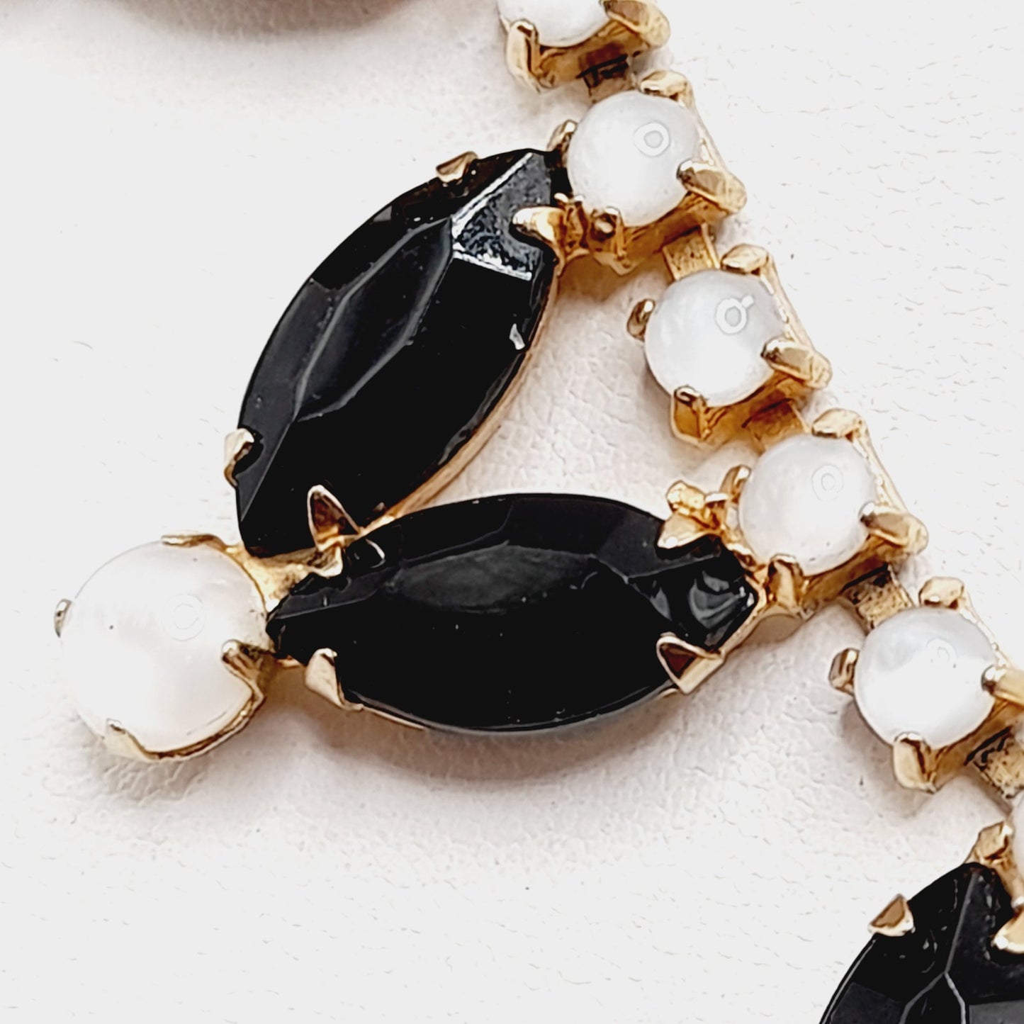 Vintage Black Rhinestones Milky White Cabs Gold Plated Choker Necklace, 1960s