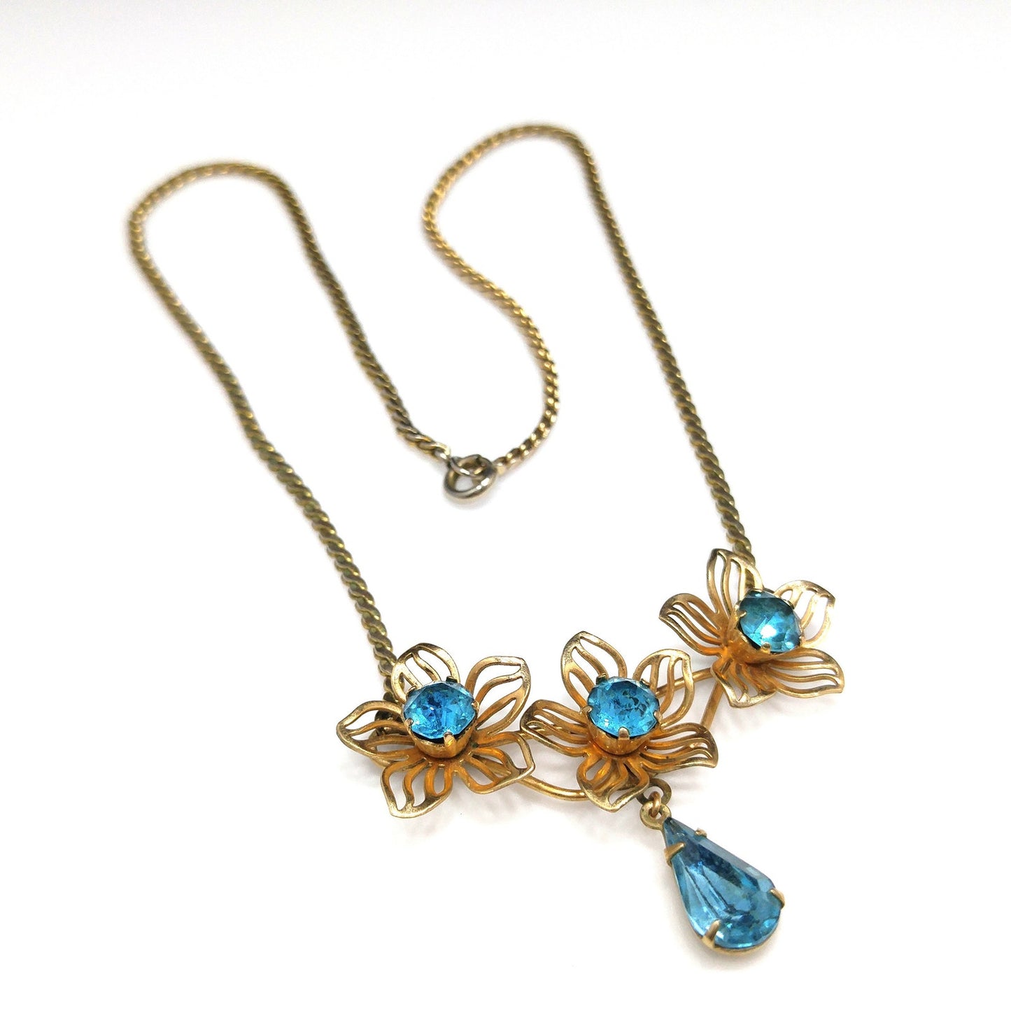 Van Dell Turquoise Rhinestone Necklace, 12K Gold Filled, 1940s Vintage Jewelry
