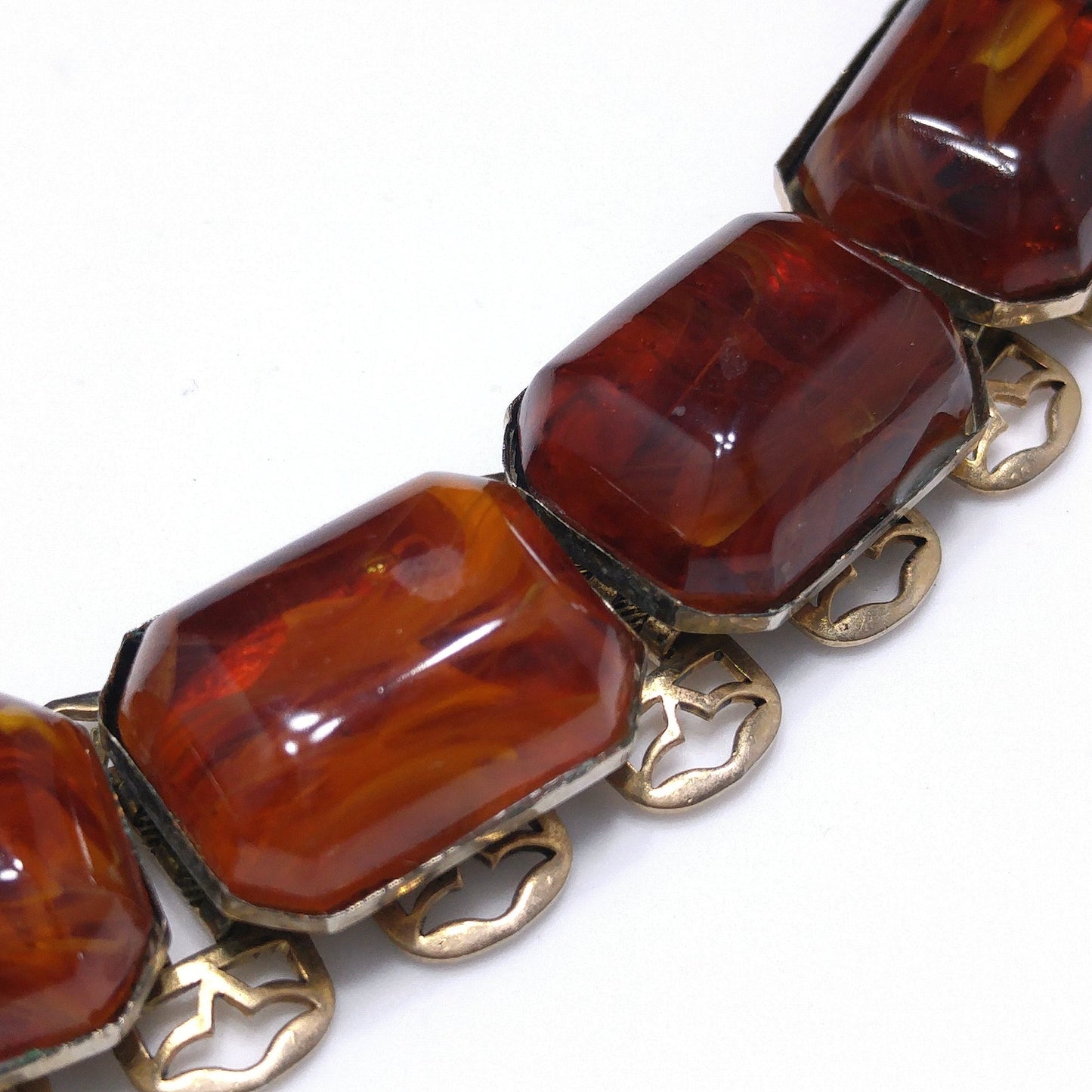 Book Chain Brown Art Glass Bracelet, Victorian Revival, Gold Plated, 1950s Vintage Jewelry