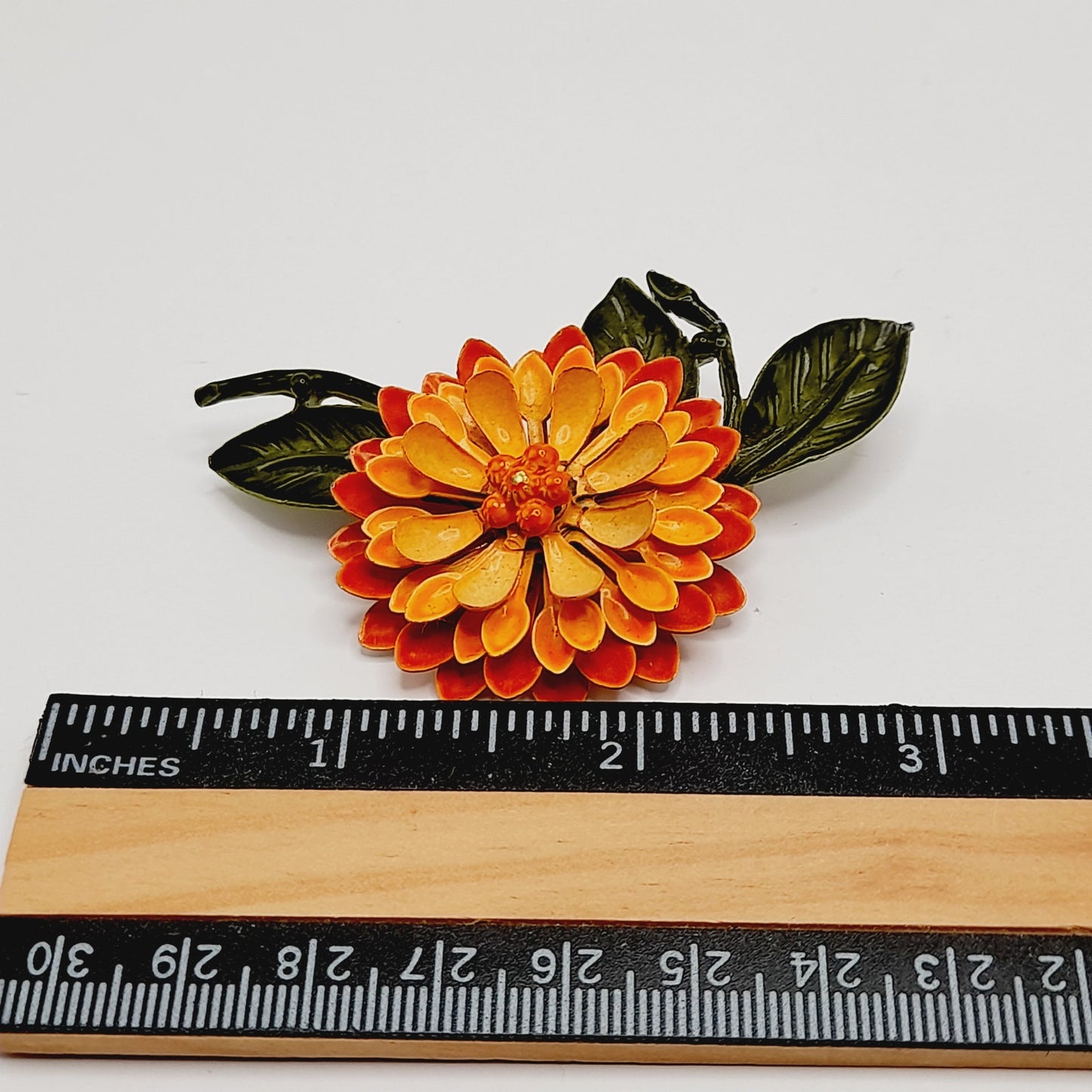 Vintage 1960s Orange Green Enamel Flower Brooch