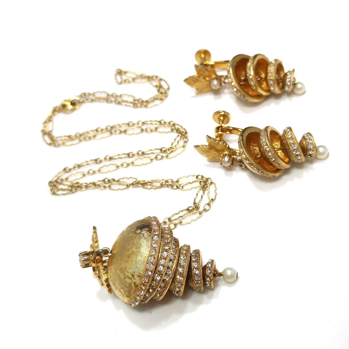 Vendome Articulated Floral Pendant Necklace & Earrings, Pave Rhinestones, Faux Pearls, 1960s Vintage Jewelry