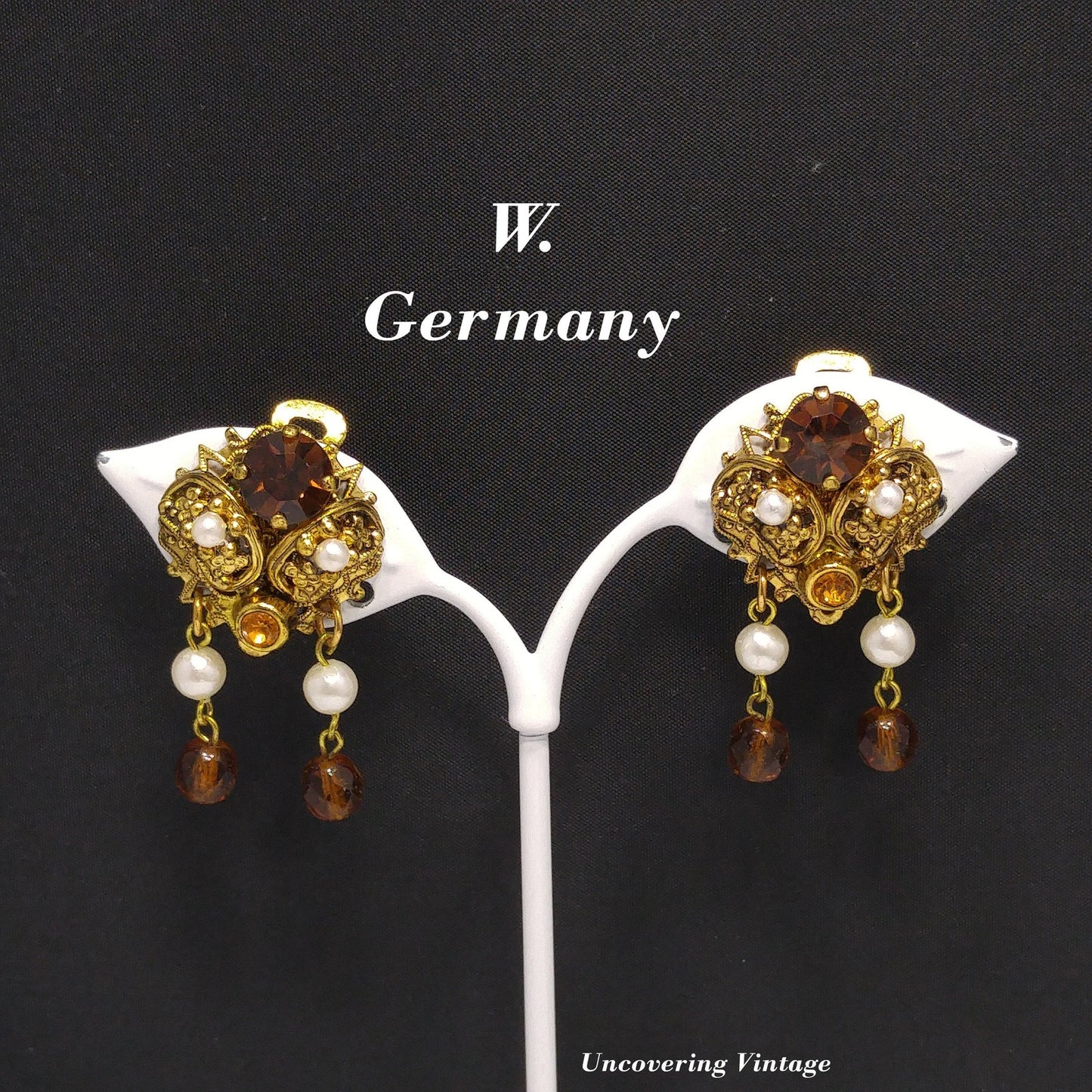 Western Germany Topaz Filigree Clip Earrings, Faux Pearls, 1950s Vintage Jewelry