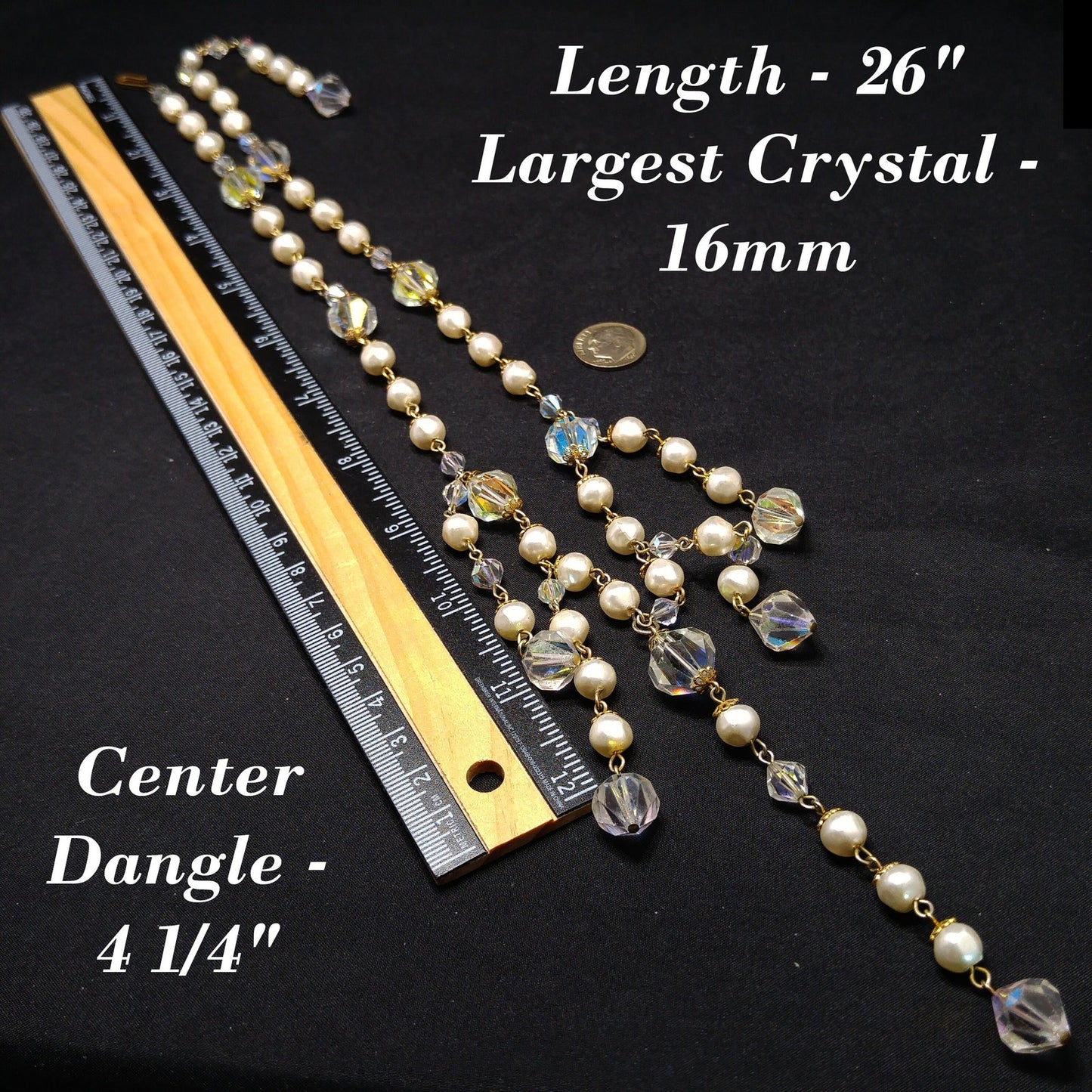 Vintage Crystal Faux Pearl Dangle Necklace, Large Aurora Borealis Crystal Beads, Vintage Jewelry