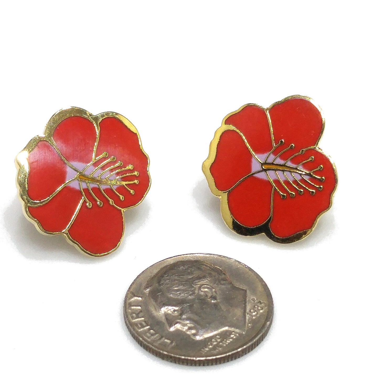 Vintage Laurel Burch Red Hibiscus Clip Earrings, Gold Plated