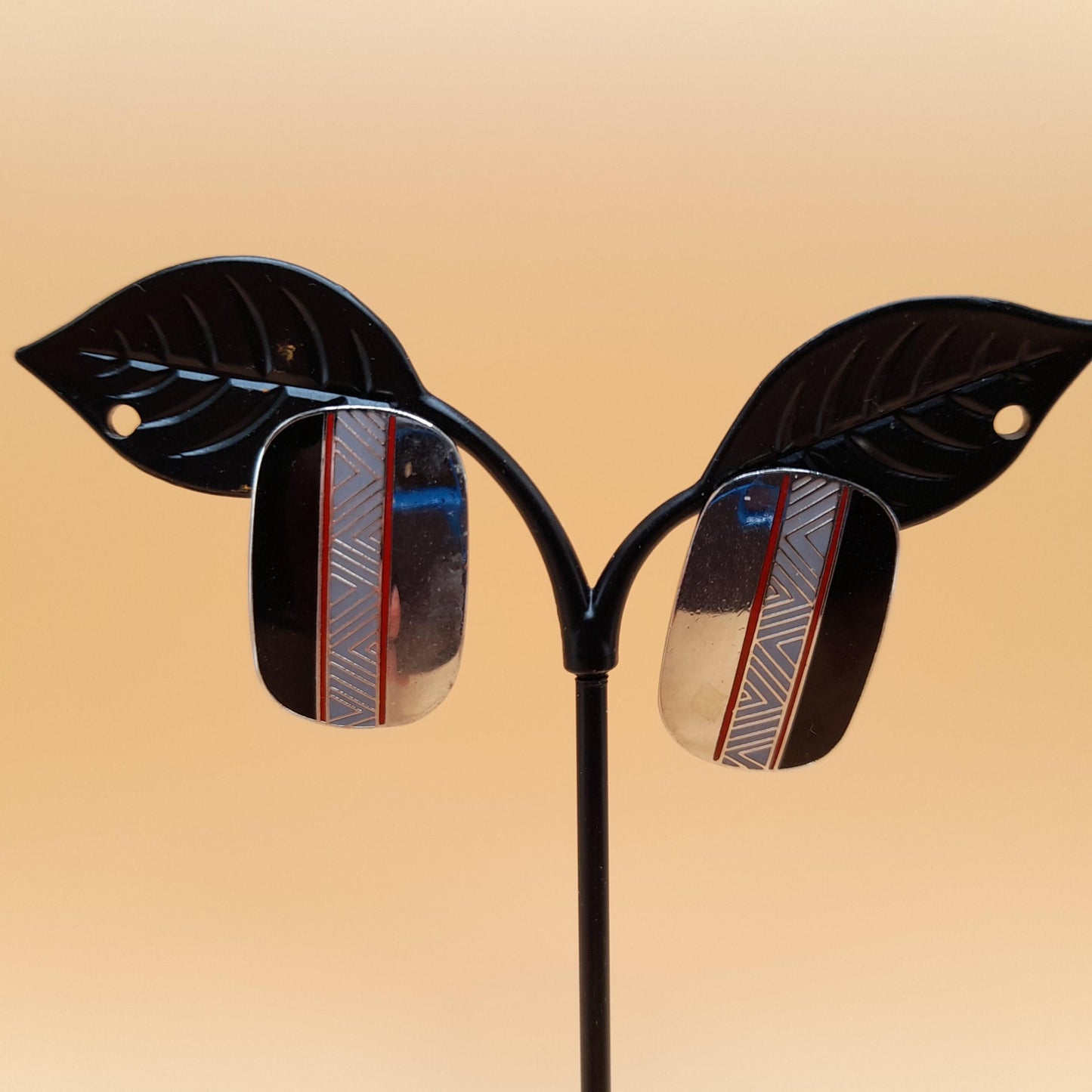Laurel Burch "Loloma" Post Earrings, Reflective Silver, Red Black Enamel, 1980s