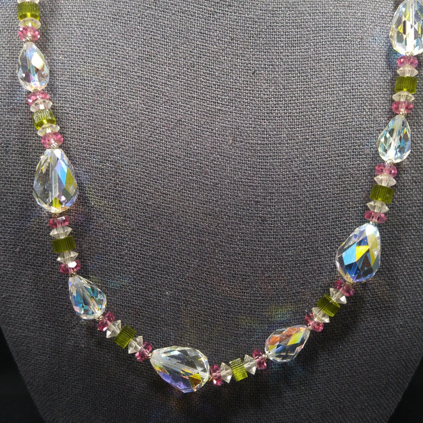 Vendome Crystal Necklace – 1960s Vintage Jewelry with Pear Shaped Swarovski Beads, Pink & Green Accents, 22 Inch Strand
