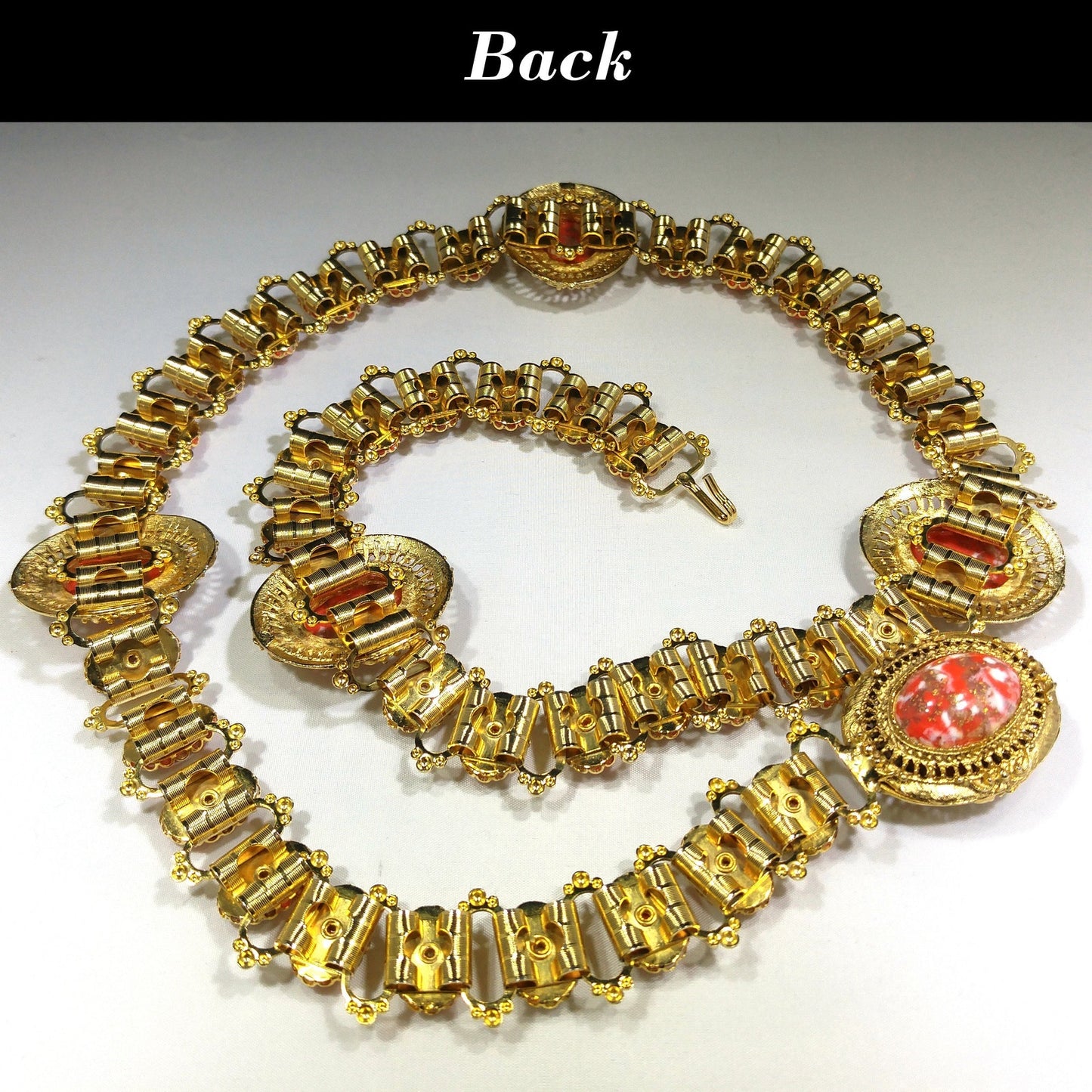 Book Chain Orange Gold Cabochon Lucite Belt or Long Necklace, Gold Robin's Egg Cabs, 36", 1960s Vintage Jewelry