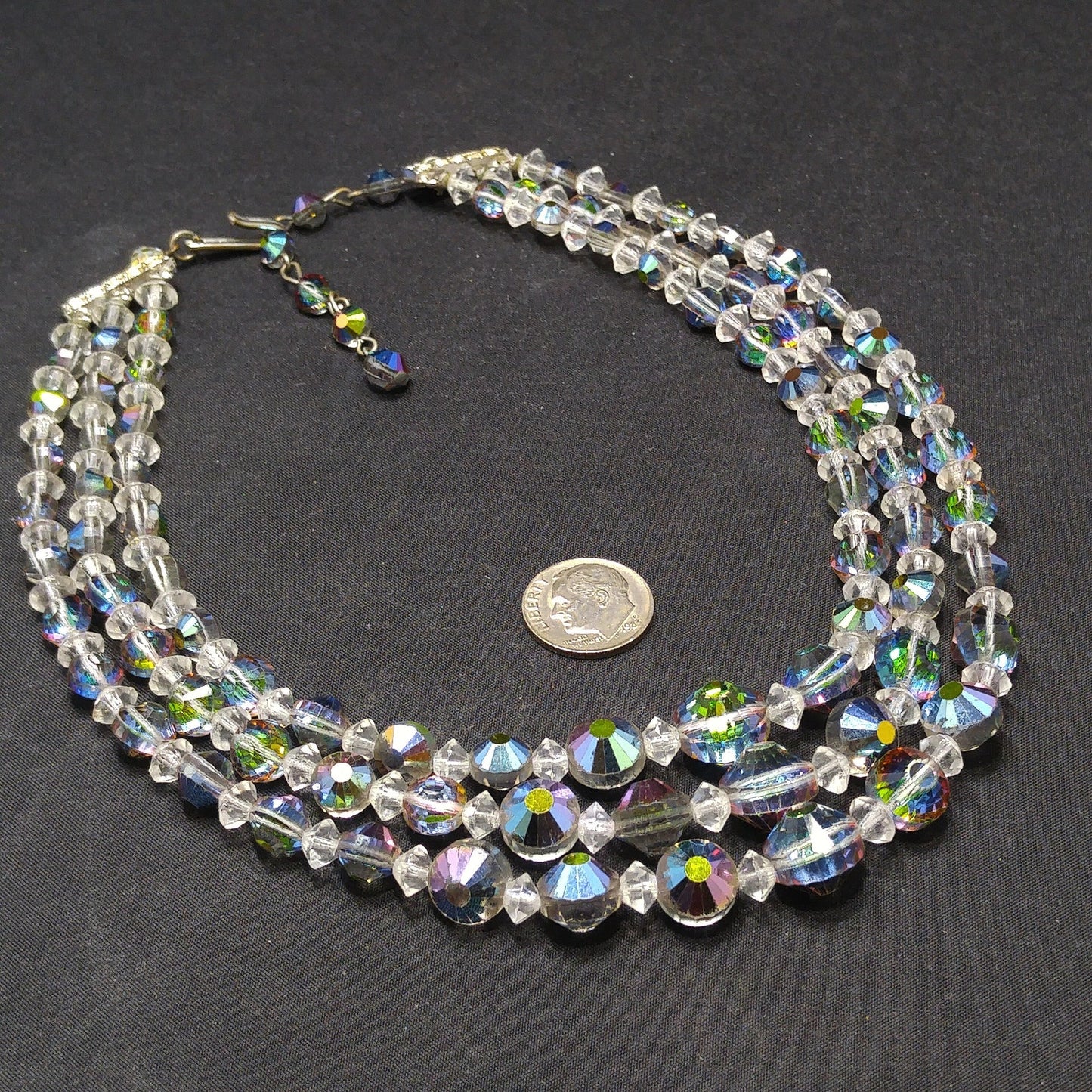Vitrail Aurora Borealis Crystal Bead Necklace, Three Strands, 1960s Vintage Jewelry