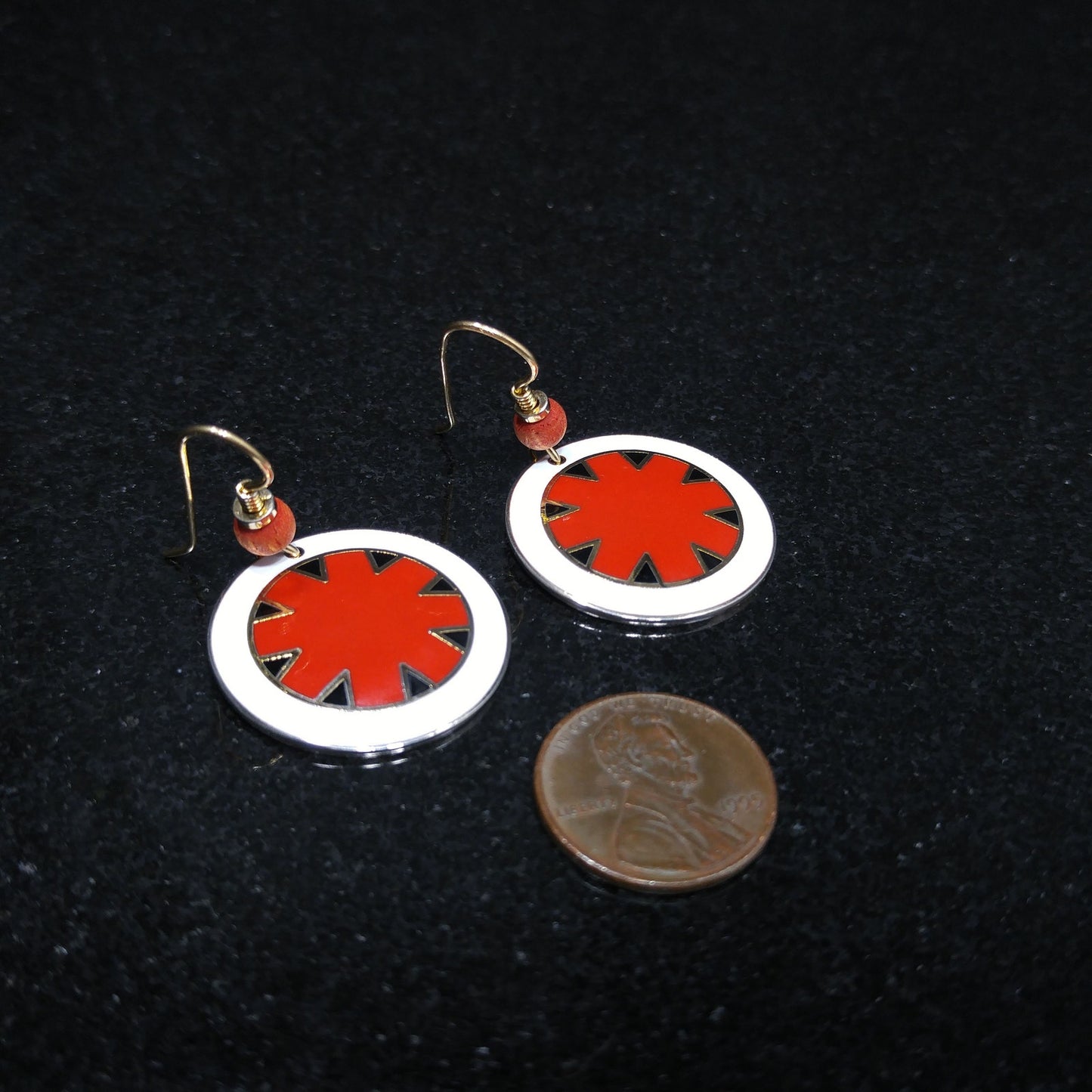 Vintage Laurel Burch "Myth" Earrings, Gold Plated Cloisonne, Red White Black