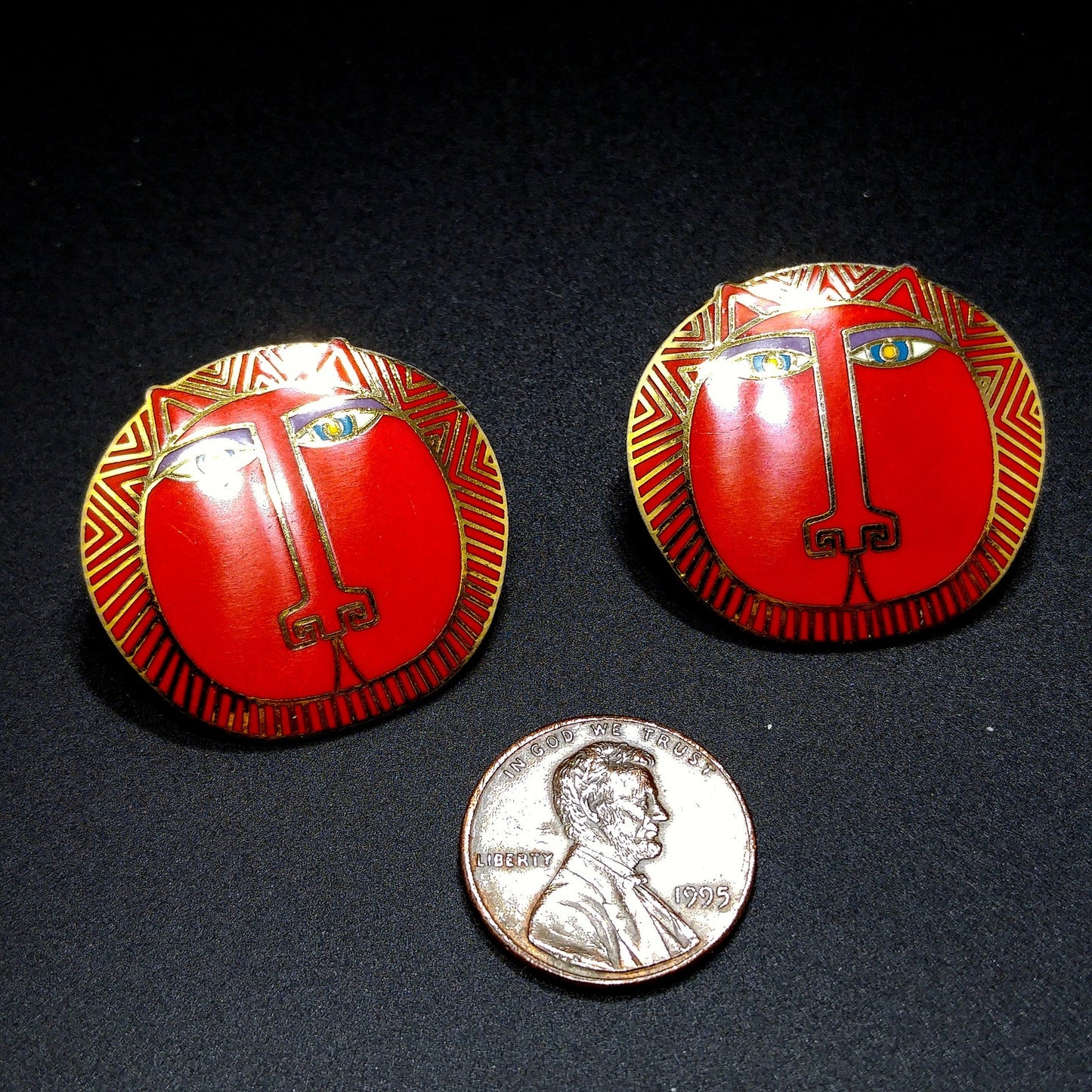 Vintage Laurel Burch "Moon Tiger" Red Post Earrings, Gold Plated