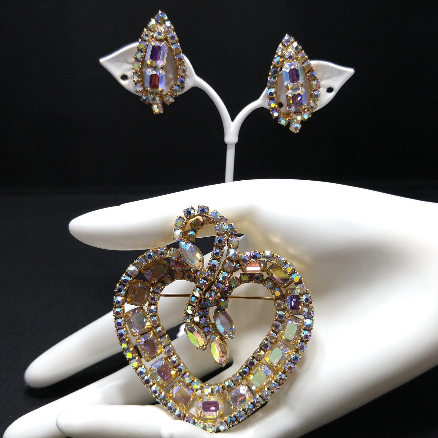 Vintage Gold Aurora Borealis Brooch Earrings, Gold Plated, 1960s Vintage Jewelry