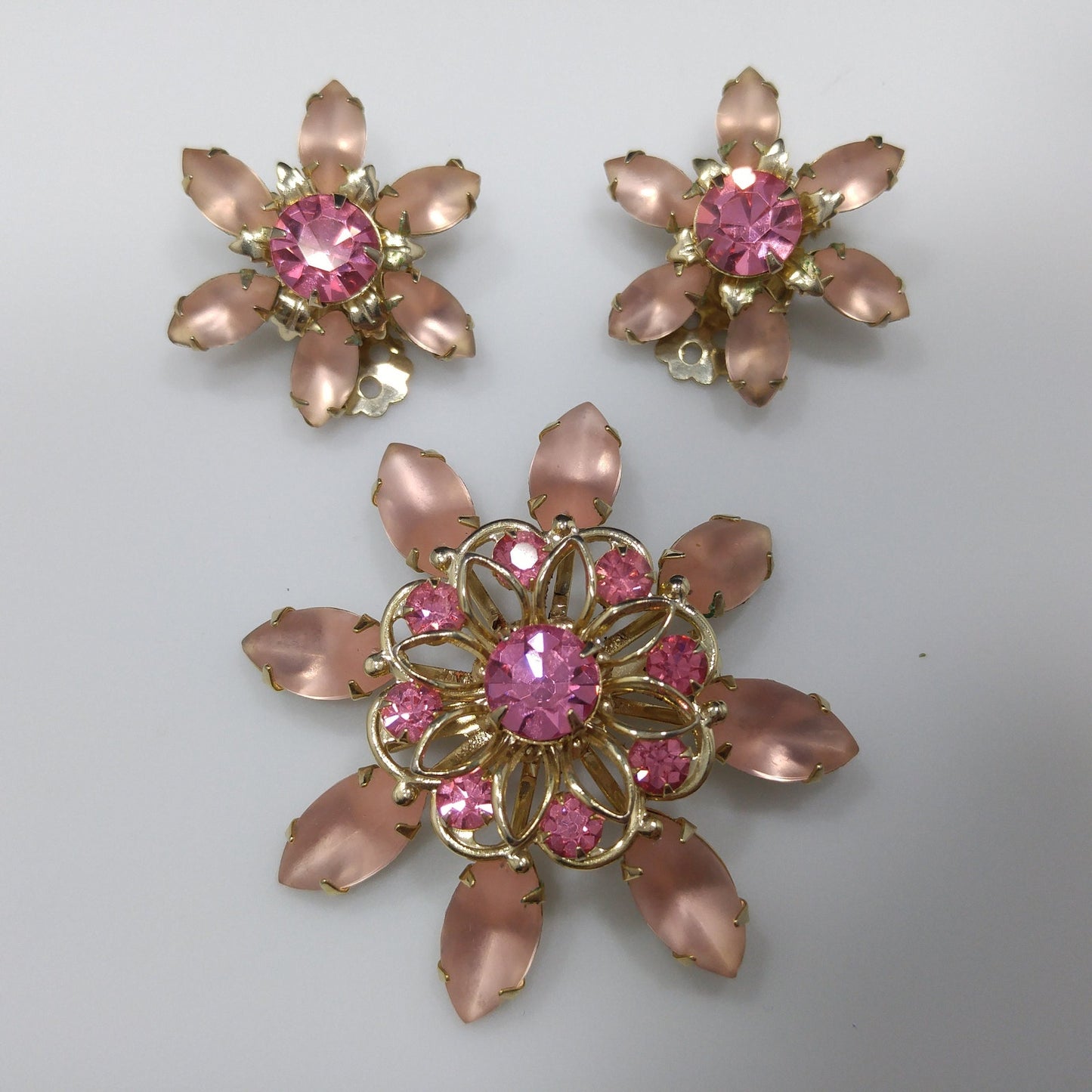 Mid-Century Pink Flower Brooch & Earrings, Frosty Light Pink Cabs, Hot Pink Rhinestones, 1950s Vintage Jewelry