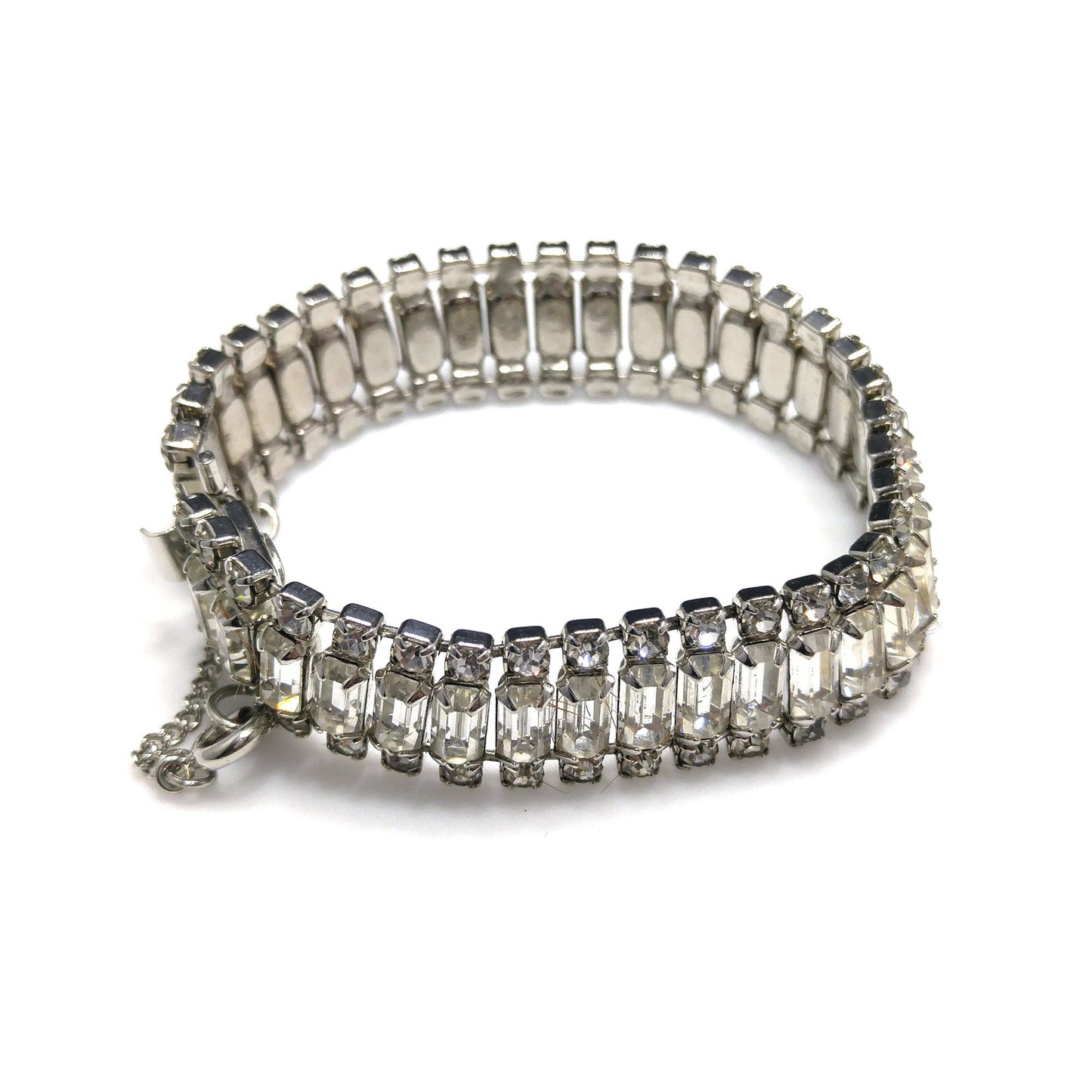 Vintage Weiss Clear Rhinestone Bracelet, Rhodium Plate, Safety Chain, 1950s