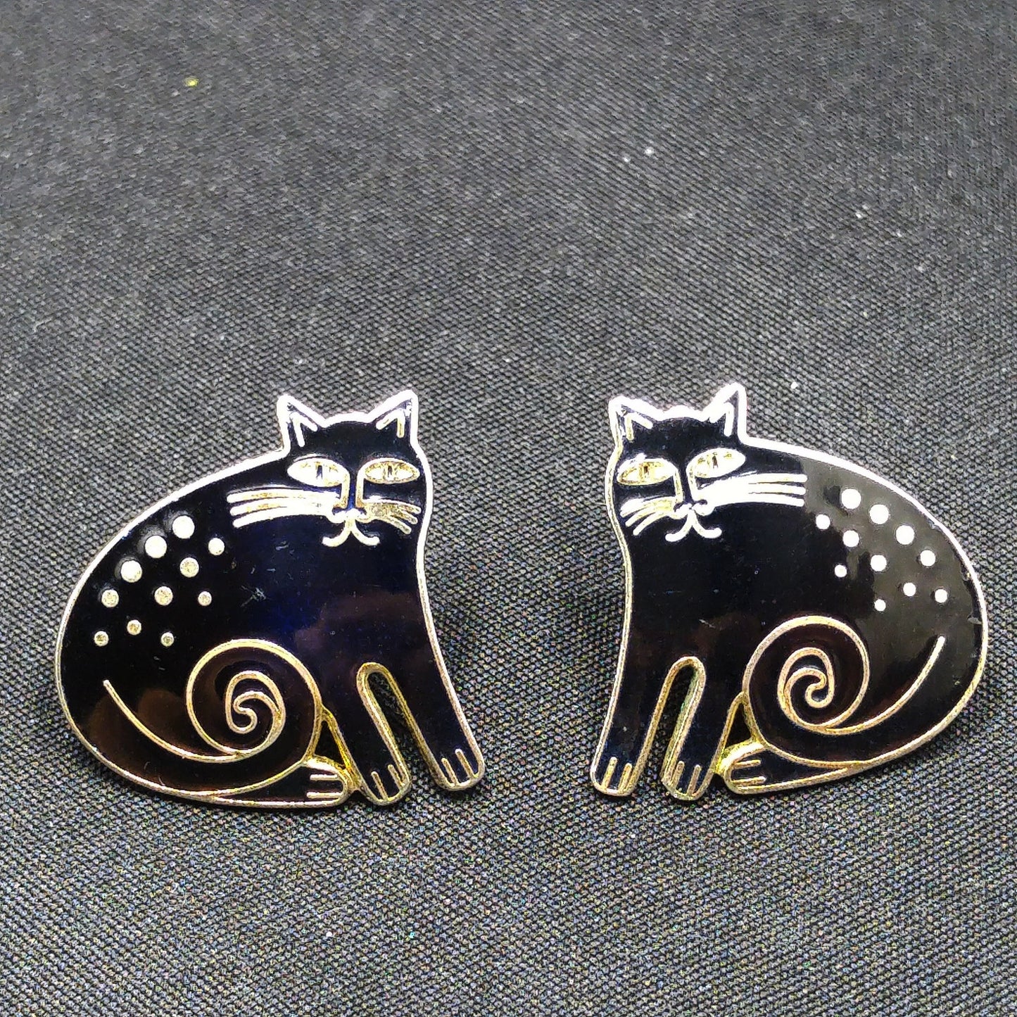 Vintage Laurel Burch "Keshire Cat" Black Post Earrings, Gold Plated