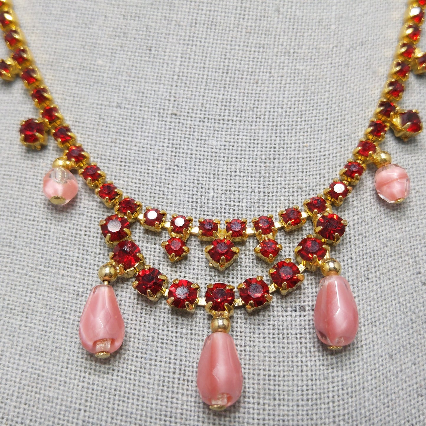 Red Rhinestone Pink Bead Choker Necklace, Gold Plated, 1950s Vintage Jewelry