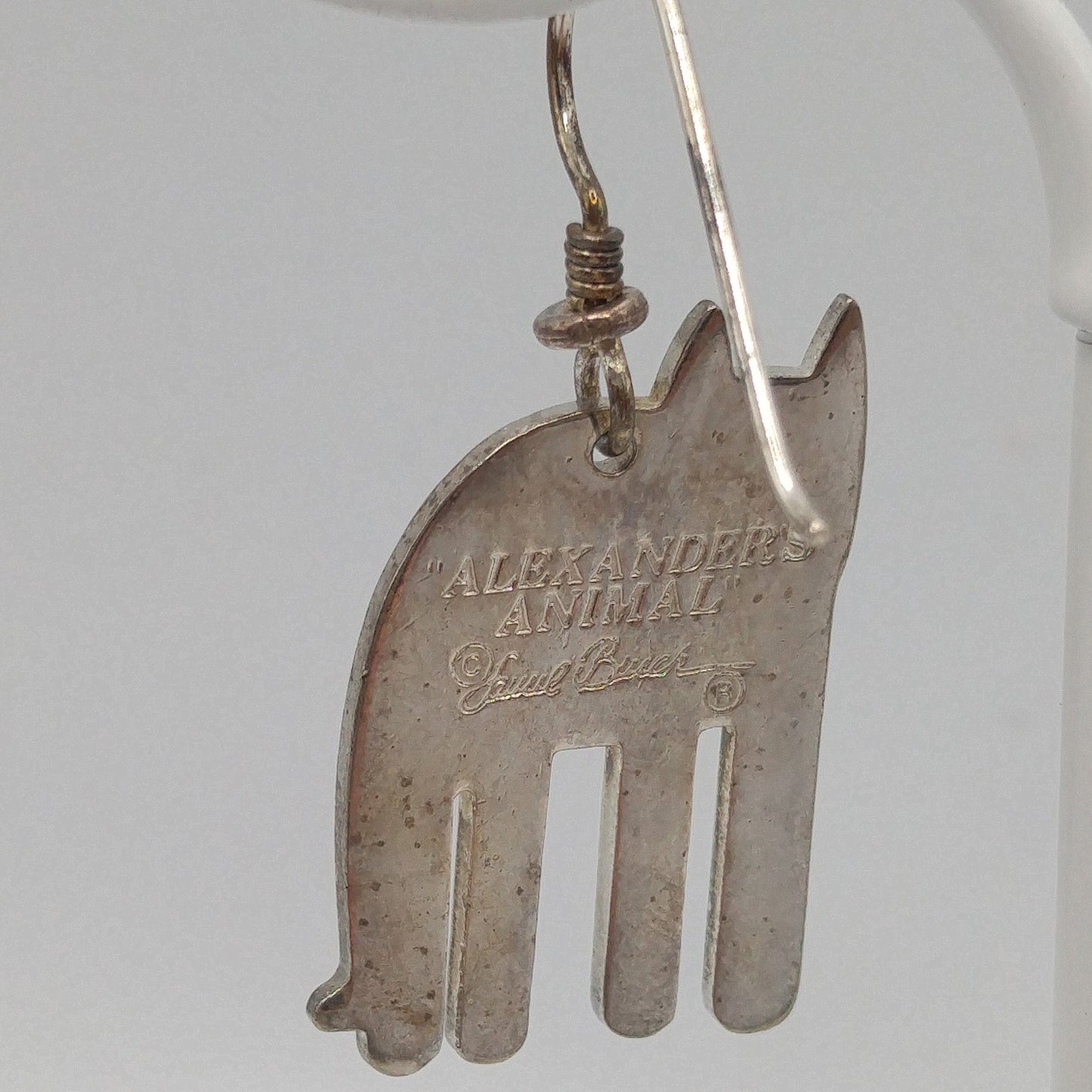 Laurel Burch "Alexander's Animal" Cat Earrings, Rhodium Plated Enamel, 1980s Vintage Jewelry