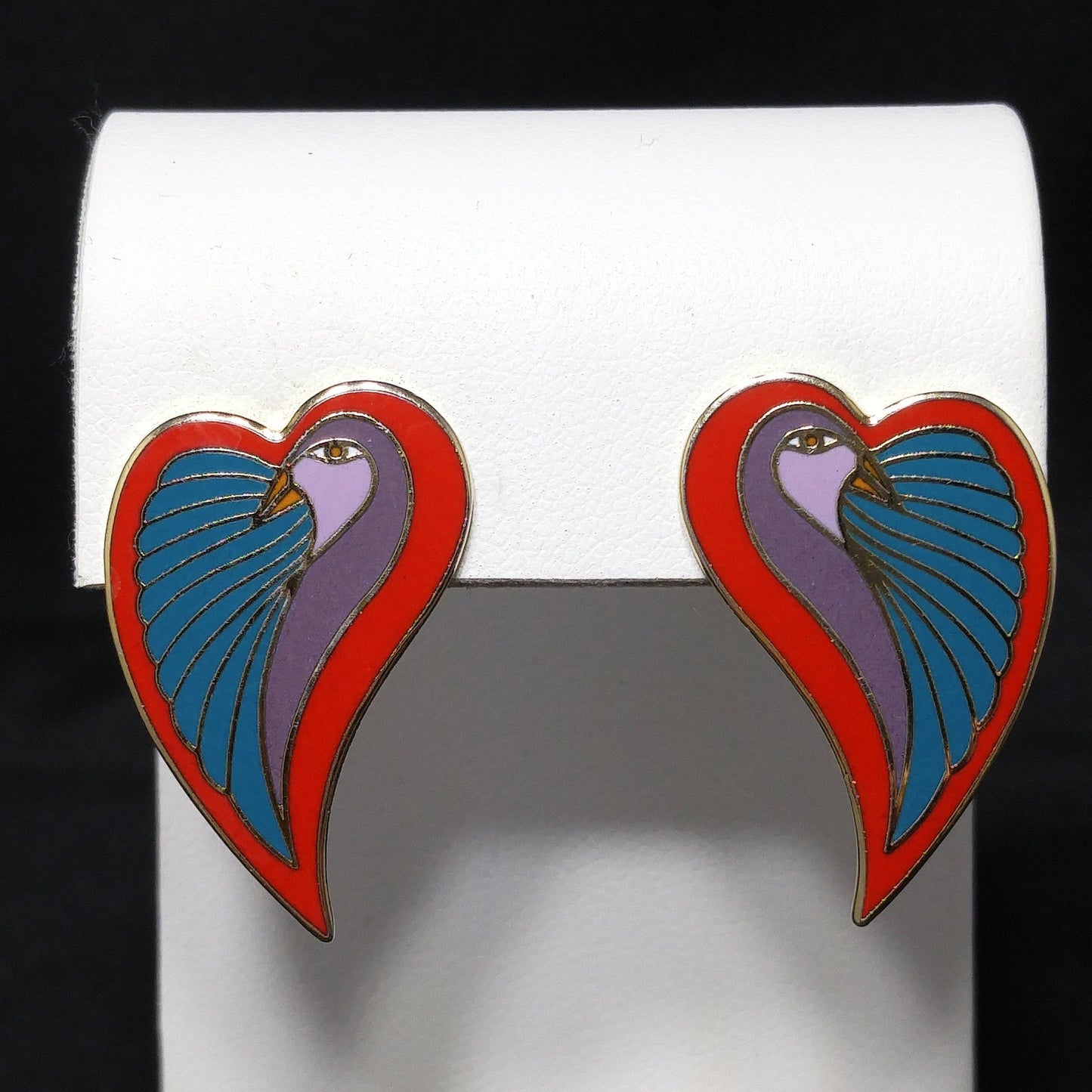 Laurel Burch "Dove Heart" Post Earrings, Gold Plated, 1980s Vintage Jewelry