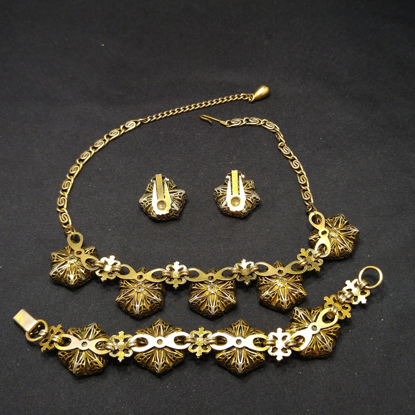 Vintage Topaz Glass Necklace Bracelet Earrings Set, Filigree Golden Brass, 1950s Vintage Jewelry