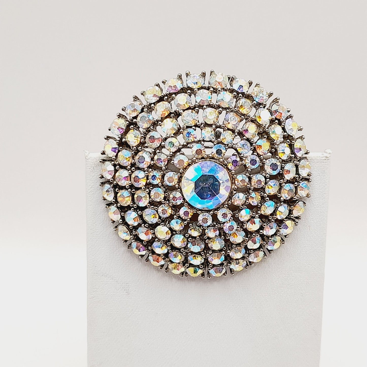 Weiss Aurora Borealis Rhinestone Brooch, Rhodium Plated, 1950s