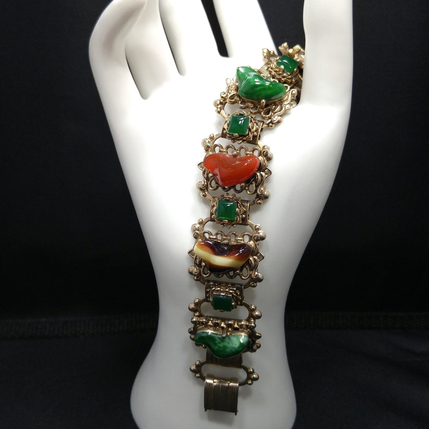 Vintage Book Chain Glass Links Bracelet, Green Red Brown White Glass, 1950s Vintage Jewelry