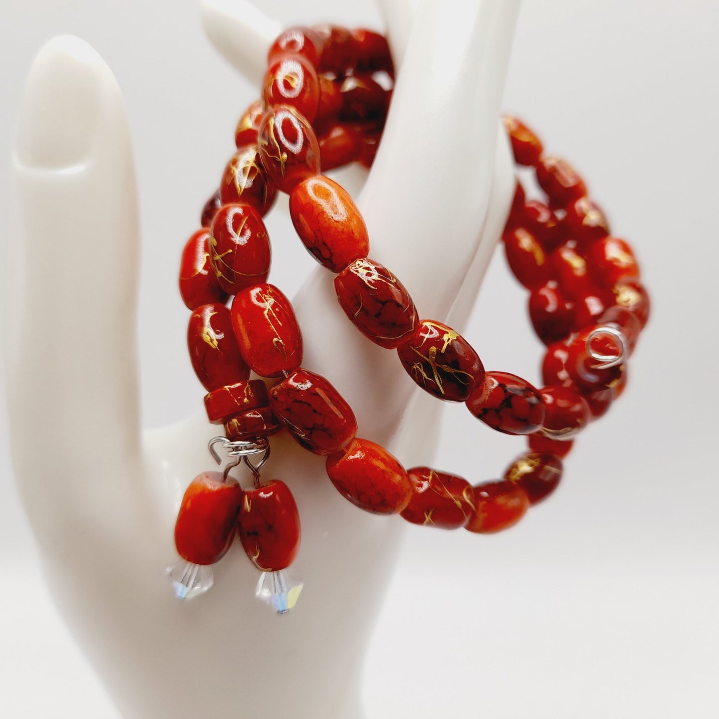 Vintage Asian Beaded Memory Wire Bracelet Red Glass Gold Accents Handmade Jewelry