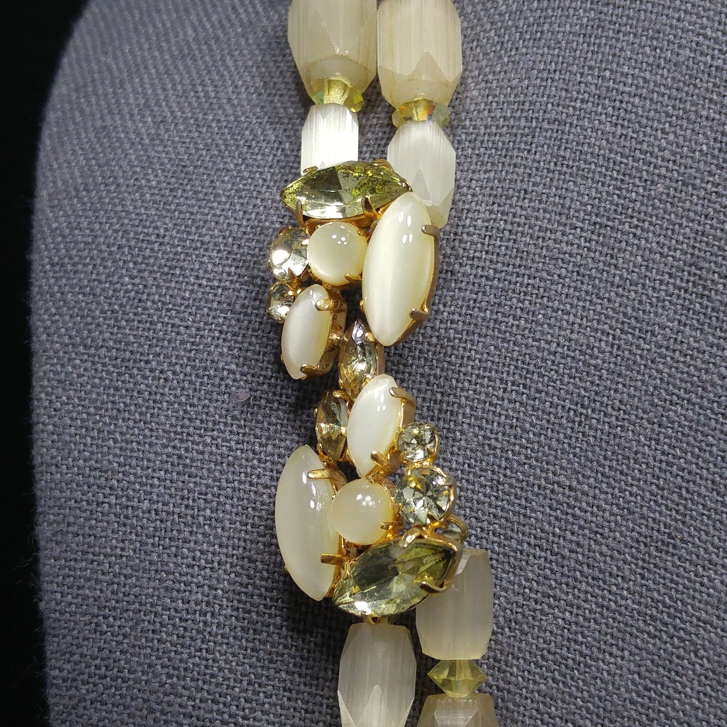 Czech Art Glass Hand Cut Satin Bead Necklace, Yellow Fire Polished Crystals