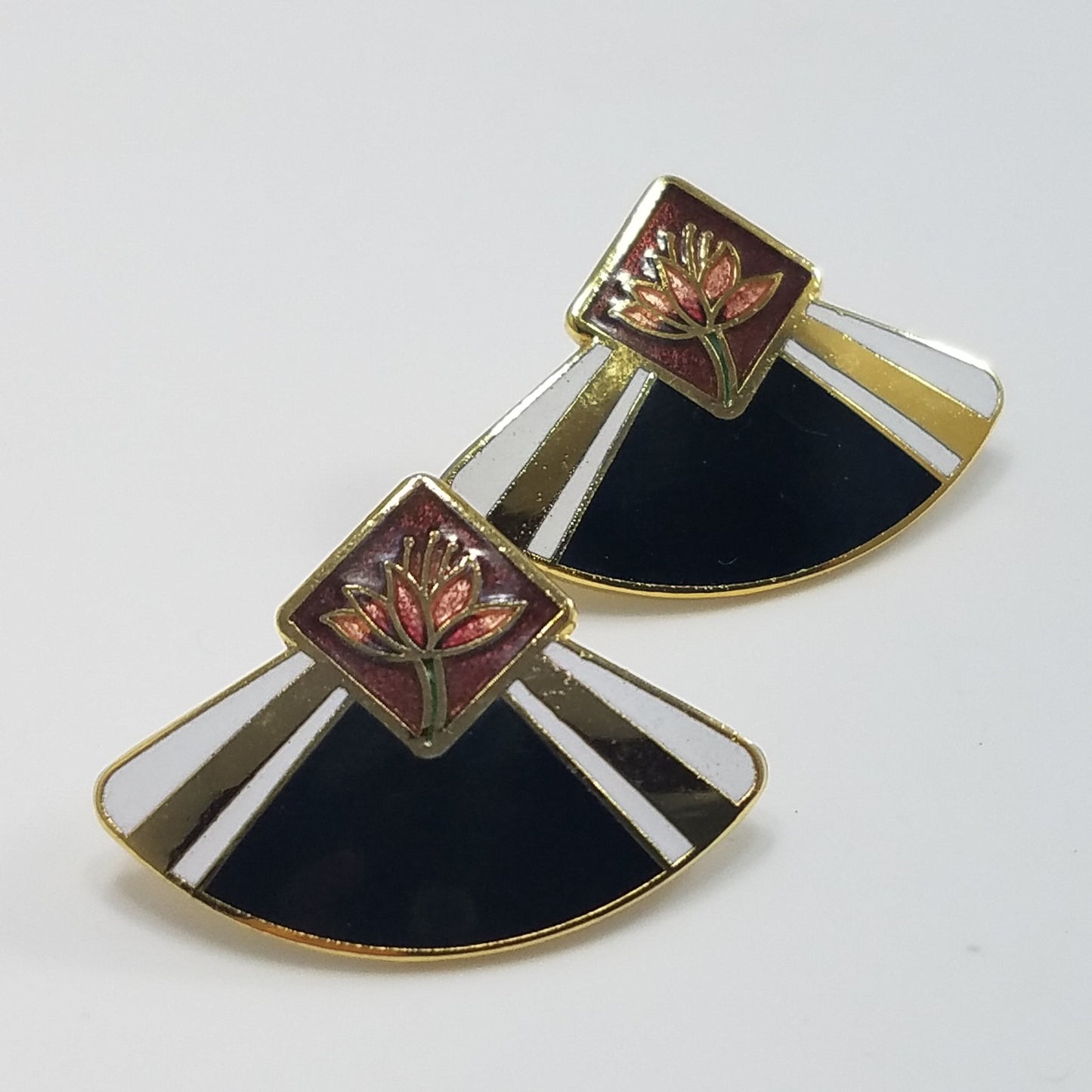 Vintage Laurel Burch WATER LILY Fan Gold Cloisonne Earrings, Gold Filled Posts