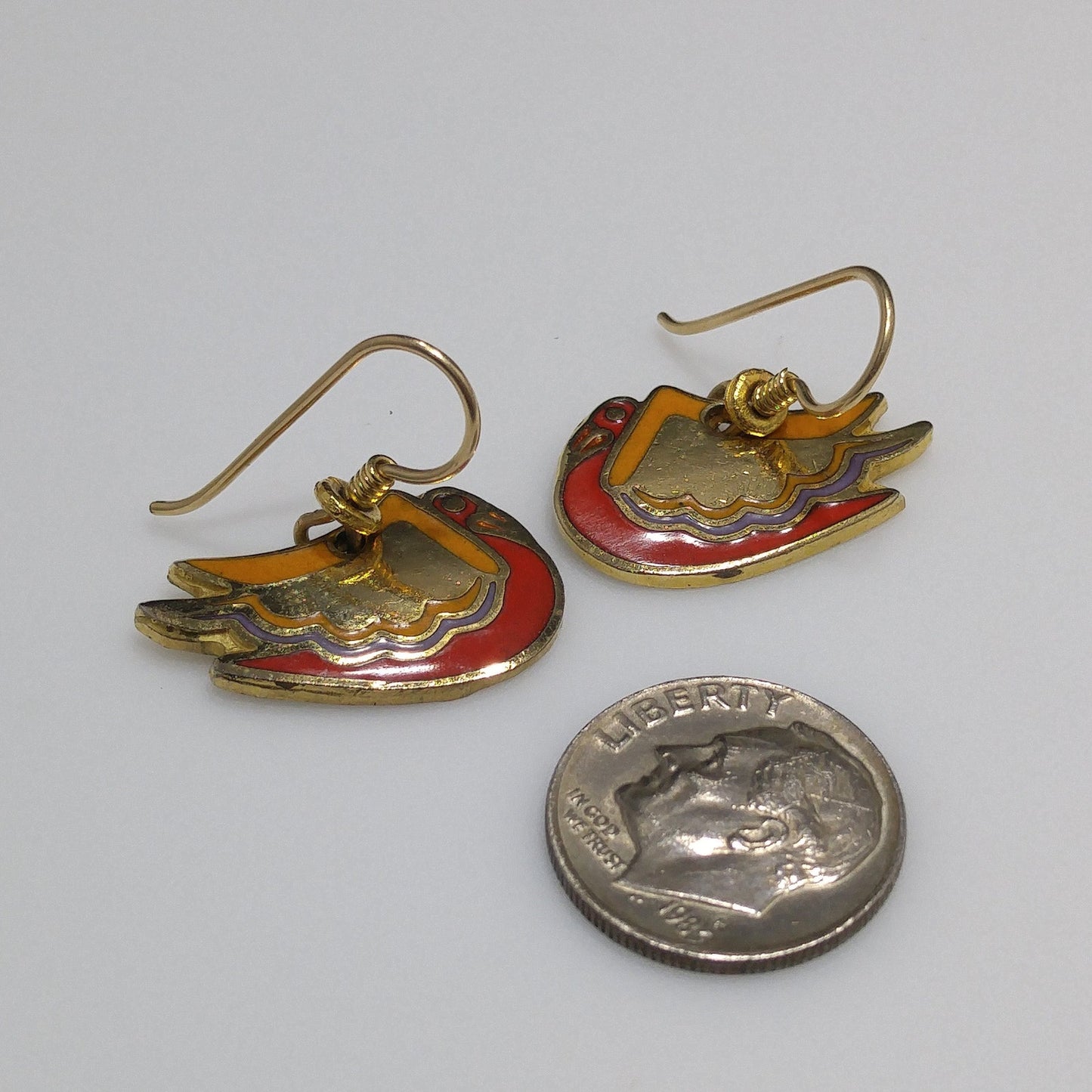 Laurel Burch "Wild Swan" Bird Earrings, Gold Plated, Enamel Cloisonne, 1980s