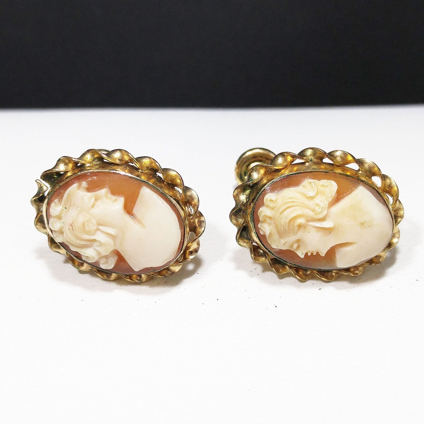 CM Carved Cameo Shell Earrings, Gold Filled, 1940s Vintage Jewelry