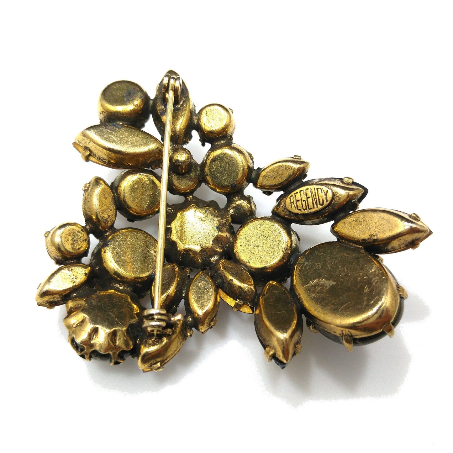 Regency Topaz & Gold Rhinestones Brooch Earrings Set, Gold Faux Pearls, 1950s Vintage Jewelry