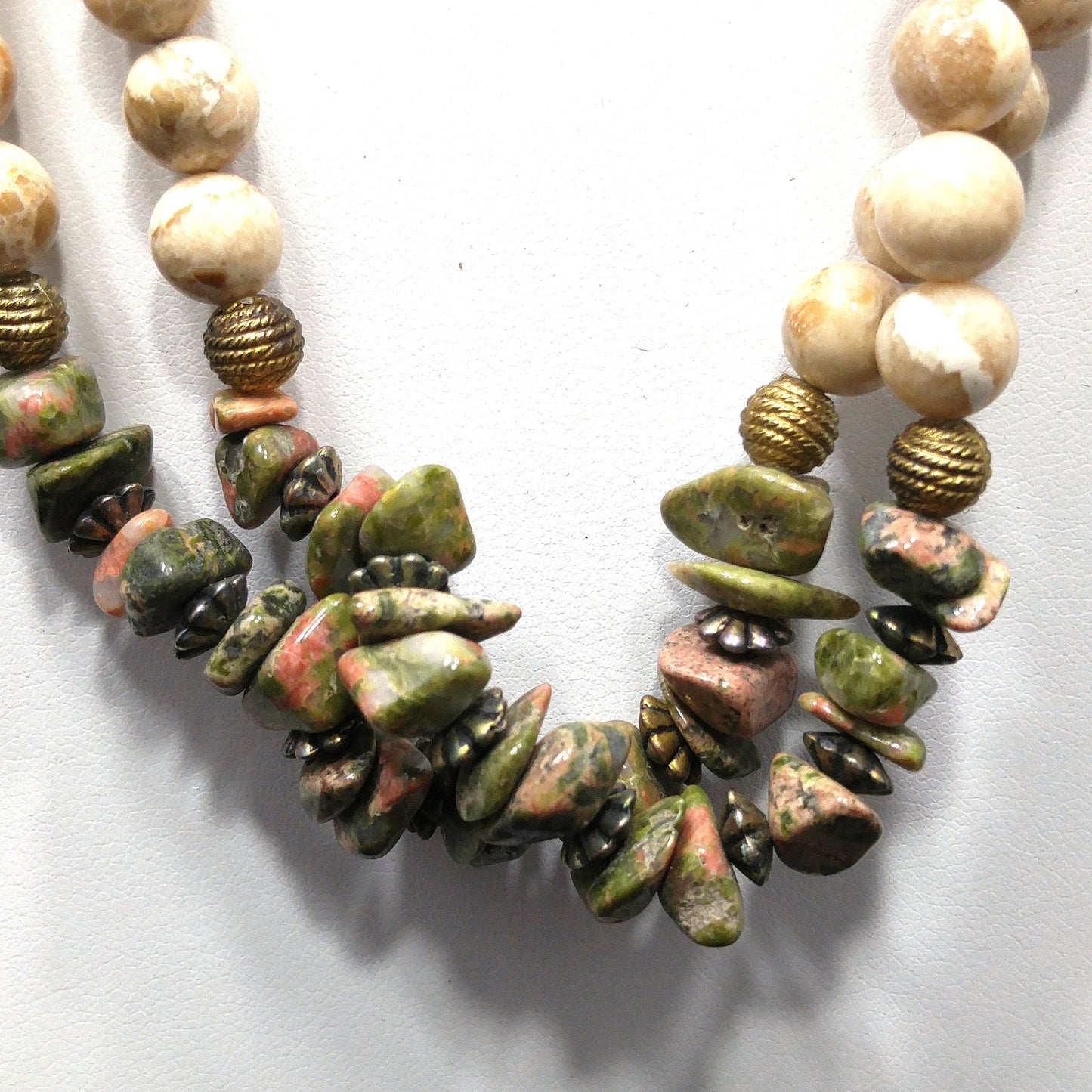 Gemstone Two Strand Beaded Necklace, Jade, Rhyolite and Quartz, 1980s Vintage Jewelry