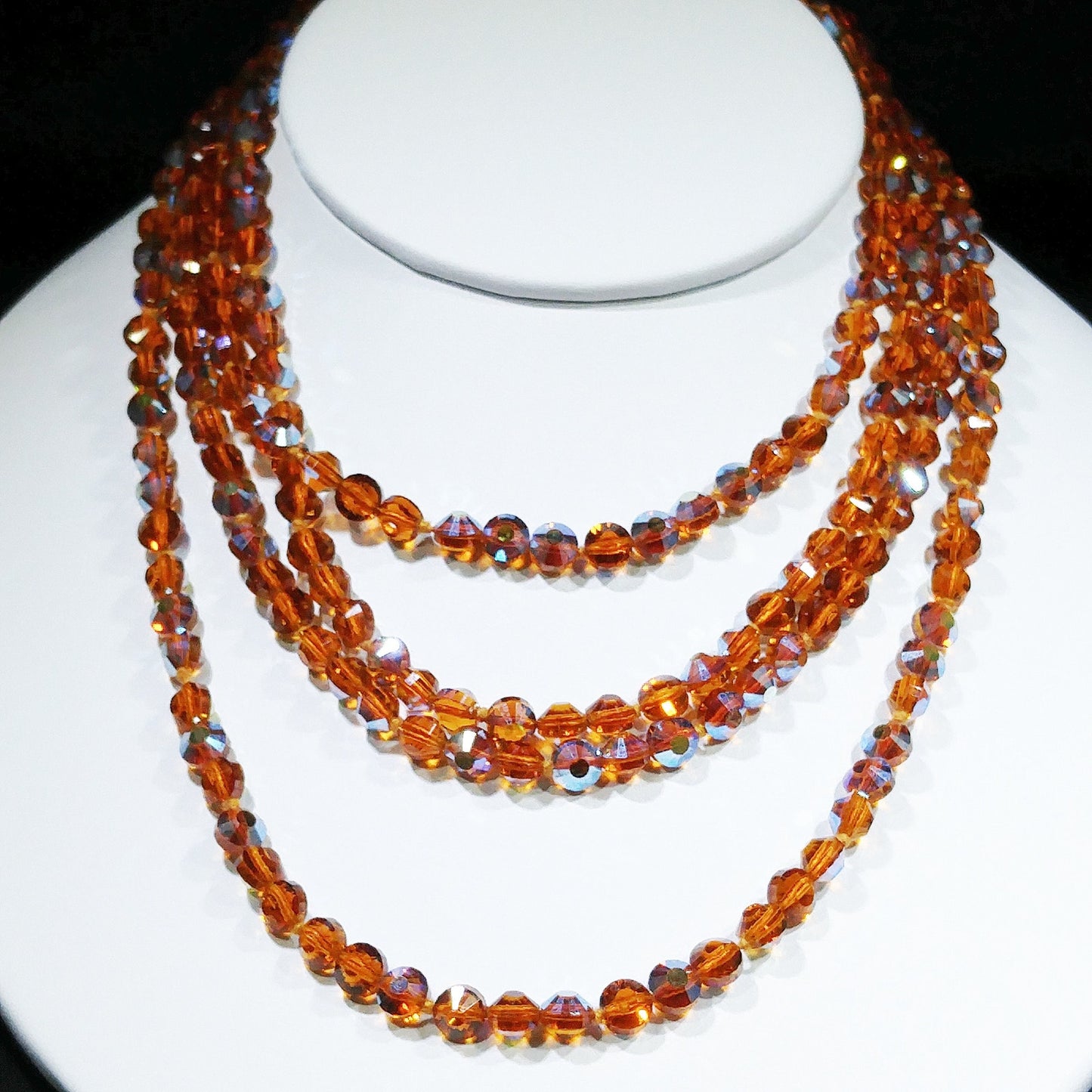 Topaz Austrian Crystal Beaded Necklace, 60 Inches, Aurora Borealis, 1960s Vintage Jewelry