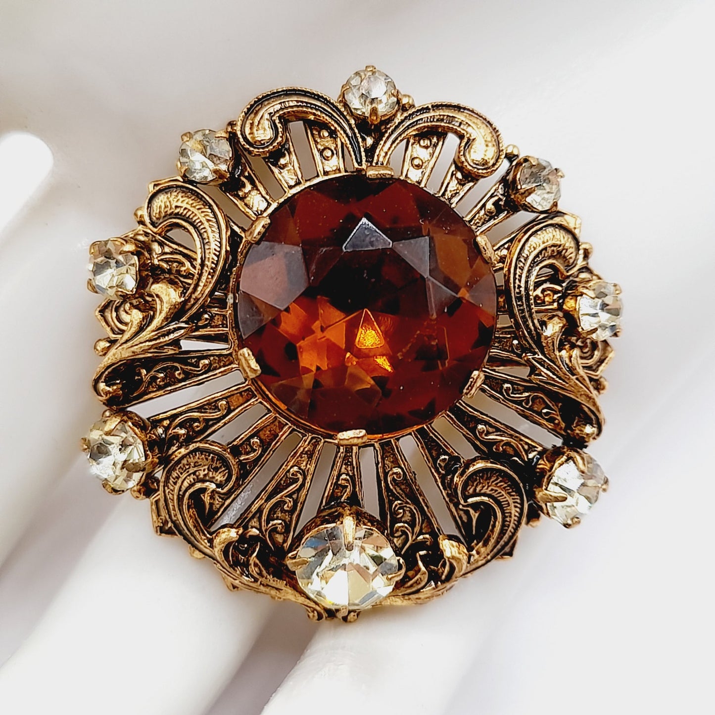 Vintage 1940s Topaz Rhinestone Filigree Brooch West Germany Style - 1 3/8 Inches