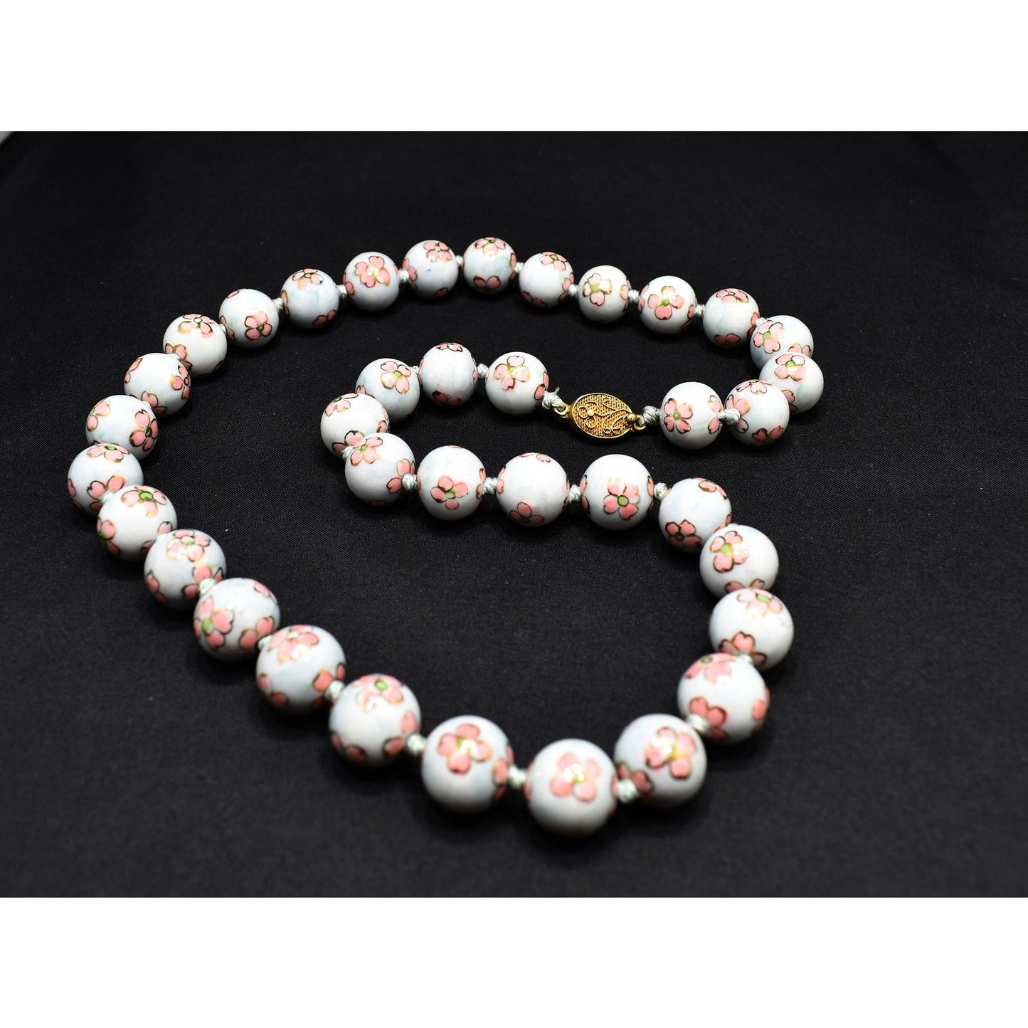 Vintage Chinese Hand Knotted Beaded Necklace, Hand Painted Pink Flowers