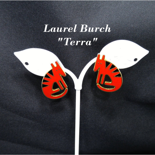 Laurel Burch "Terra" Coyote Post Earrings, Cloisonné Gold Plated, 1980s Vintage