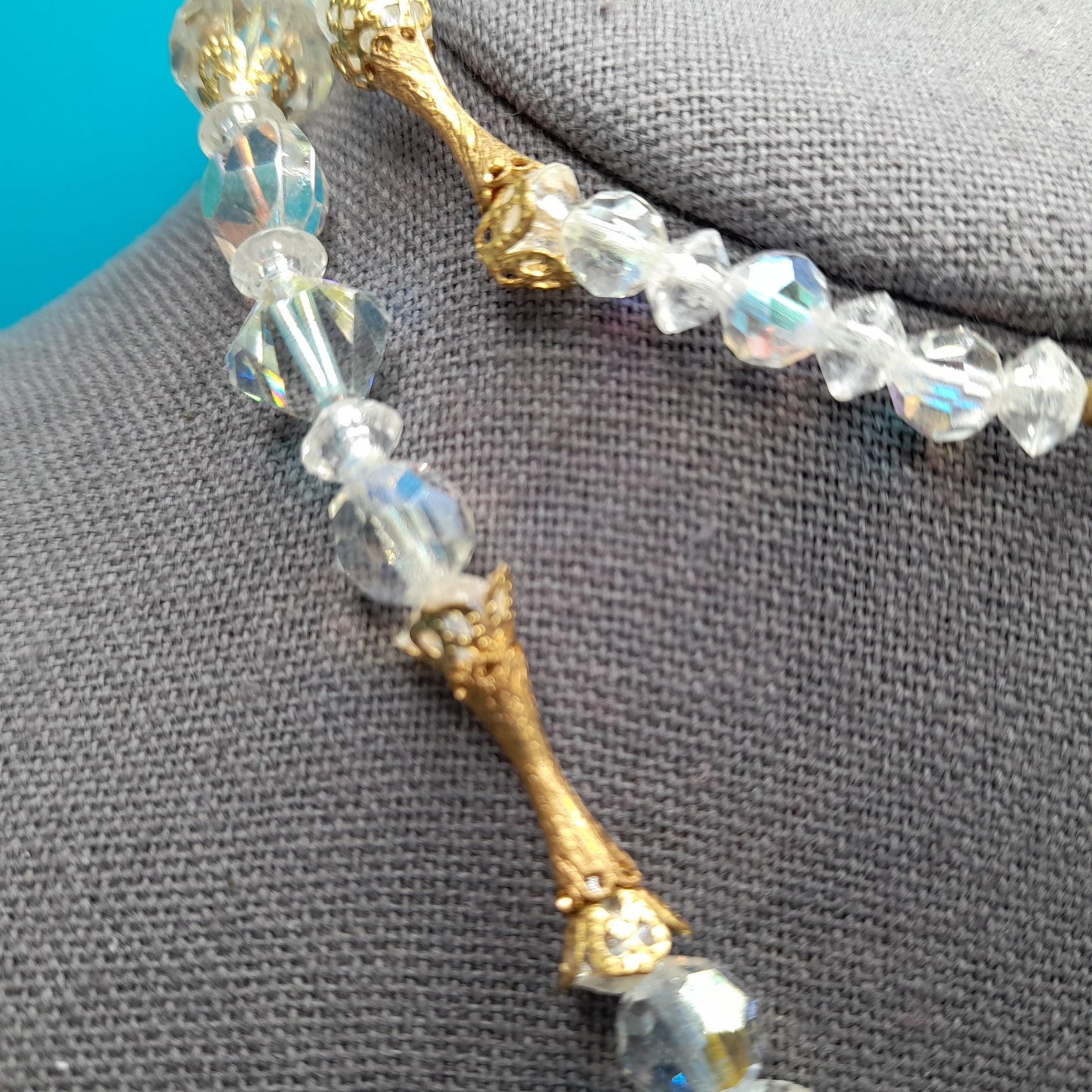 Clear Aurora Borealis Tassel Necklace, Bicone Round Aspirin Crystal Beads, 1960s Vintage Jewelry