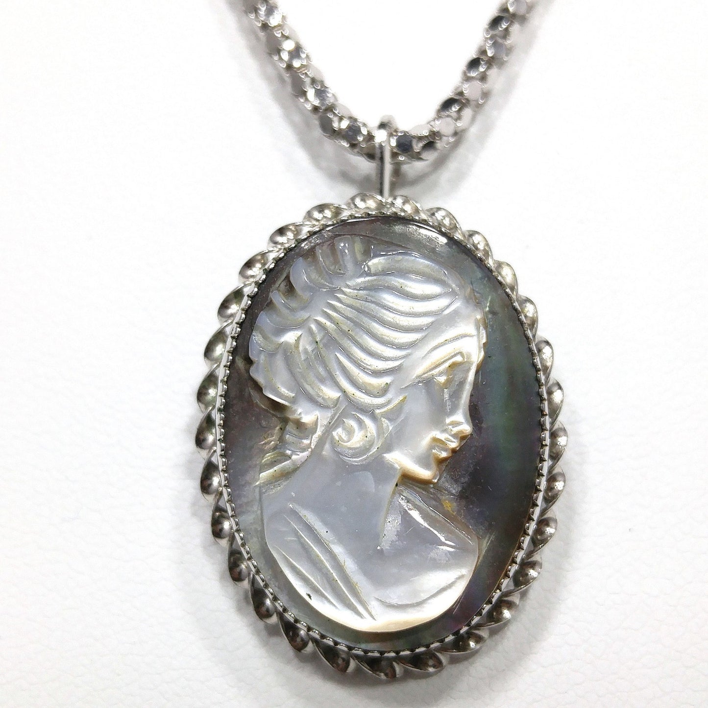 Abalone Shell Cameo Pendant Brooch, 925 Silver Necklace, 1970s Vintage Jewelry