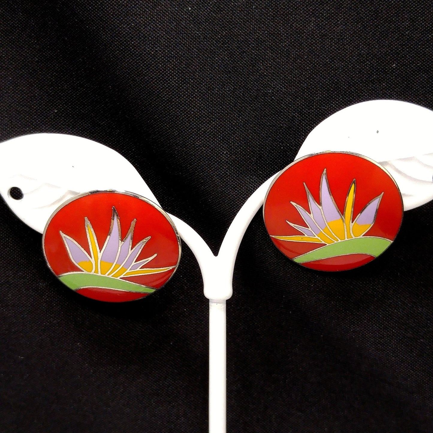Vintage Laurel Burch Bird of Paradise Post Earrings, Rhodium Plated