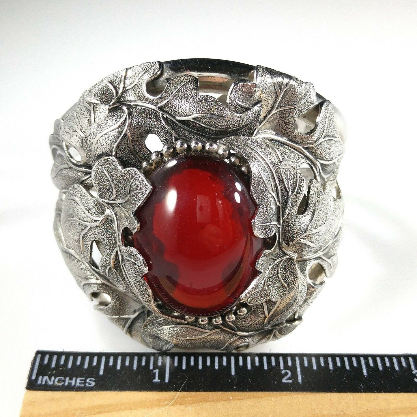 Vintage Whiting & Davis Hinged Cuff Bracelet, Red Glass Cabochon, Rhodium Plated, 1960s Vintage Jewelry