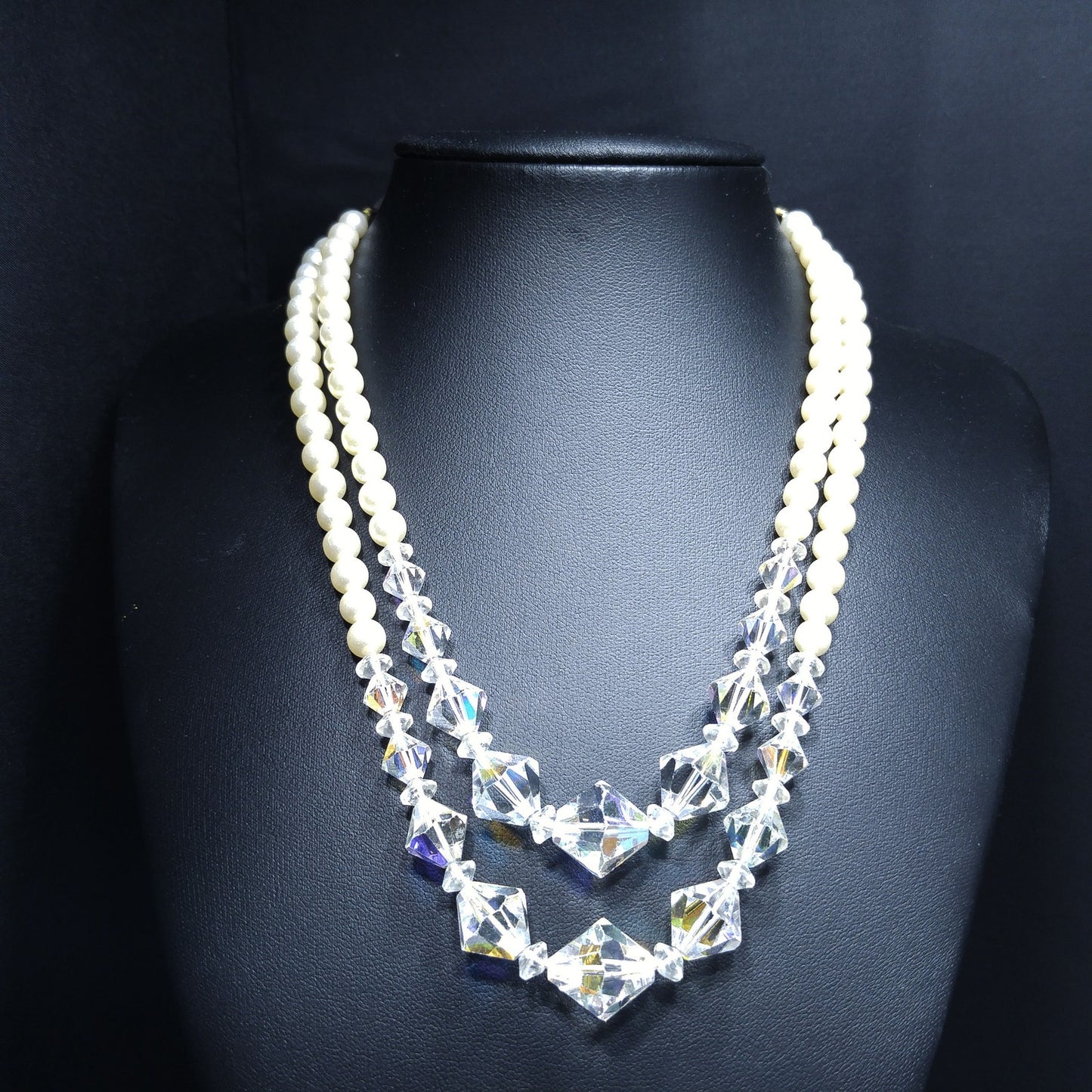 Wedding Bridal Faux Pearl AB Crystal Beaded Necklace, 2 Strands, 1950s Vintage