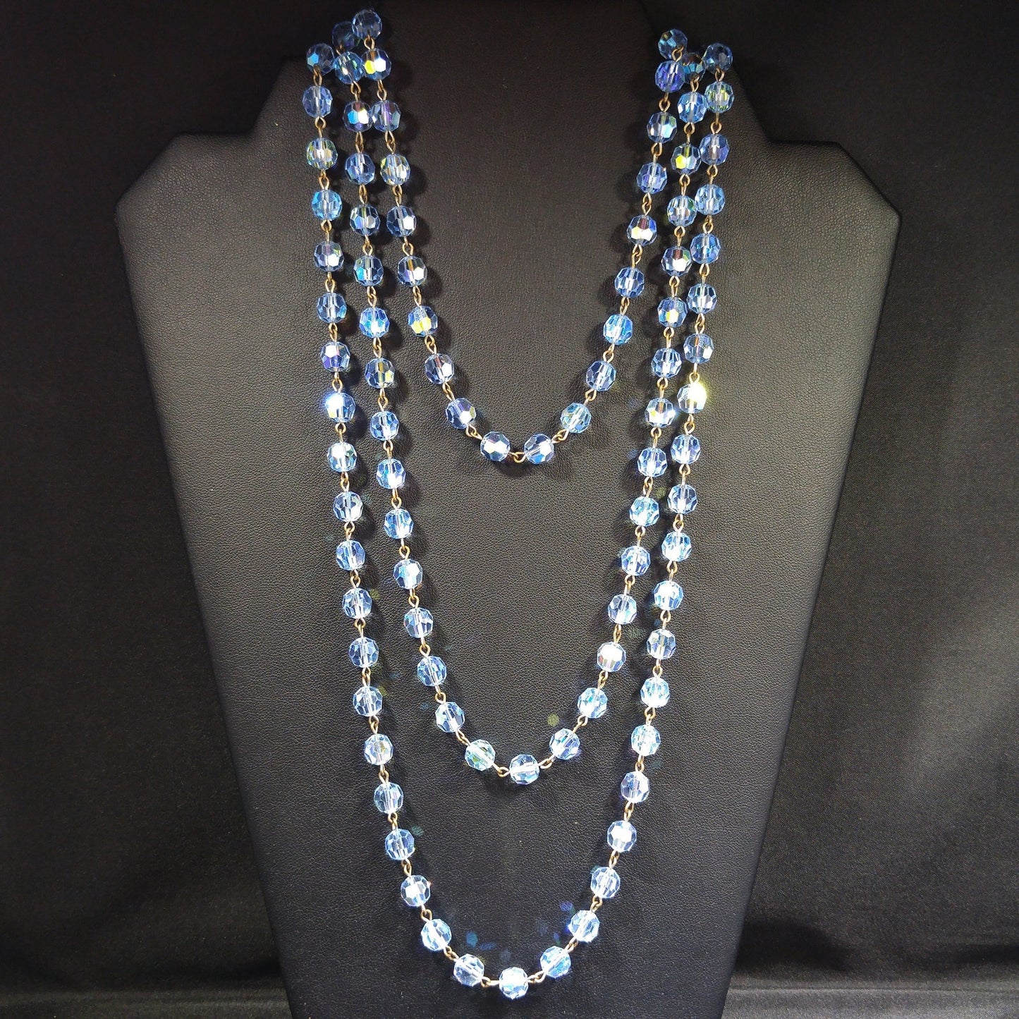 Blue Austrian Crystal Beaded Necklace, Long Rosary Style, 1960s Vintage Jewelry