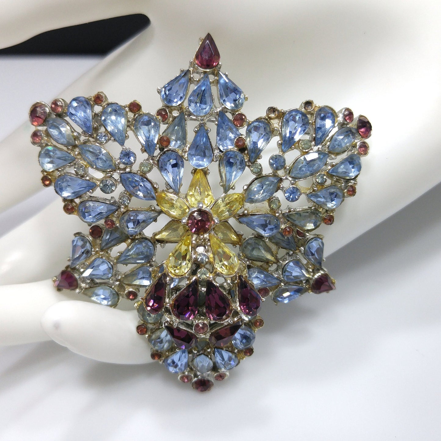 Mid Century Large Rhinestone Orchid Brooch, Light Blue Purple Rhinestones, 1960s Vintage Jewelry