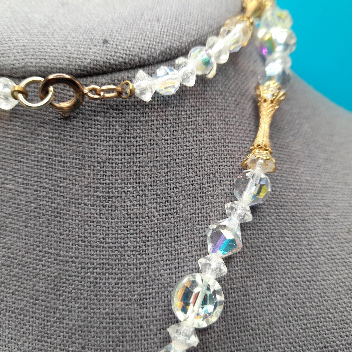 Clear Aurora Borealis Tassel Necklace, Bicone Round Aspirin Crystal Beads, 1960s Vintage Jewelry