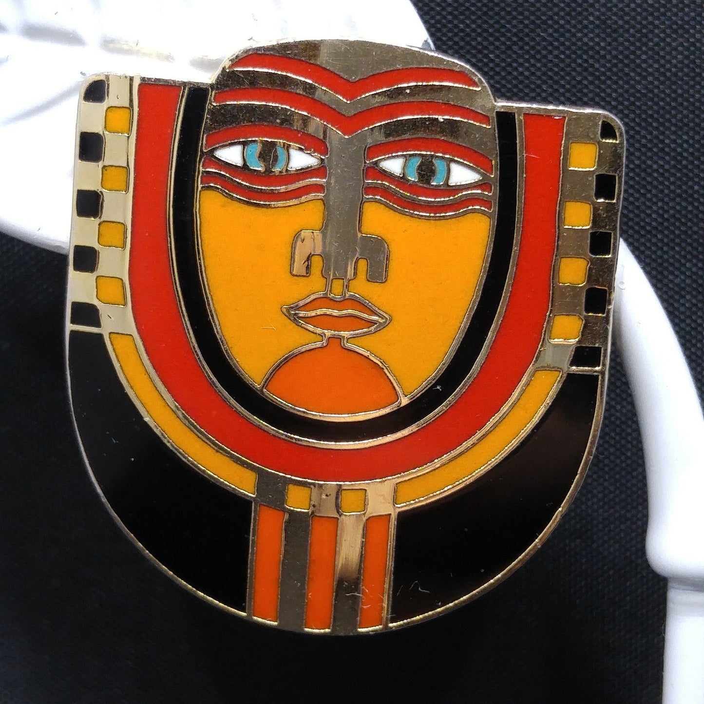 Laurel Burch "Maori" Tribal Face Mask Post Earrings, Cloisonne Enamel, 1980s